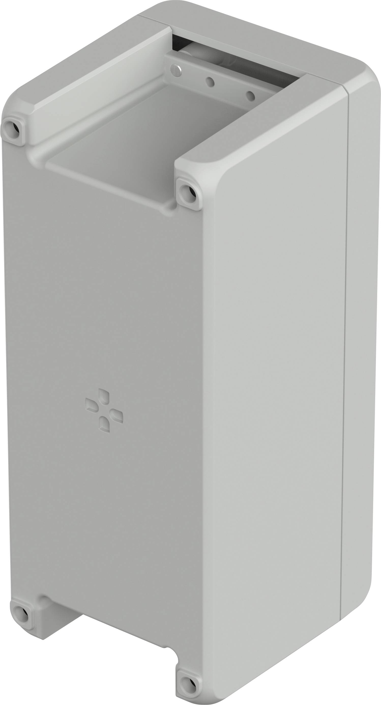 Szare, prostokątne obudowa z zaokrąglonymi narożnikami i otworami na śruby po bokach, prawdopodobnie przeznaczona do urządzeń technicznych lub elektronicznych.