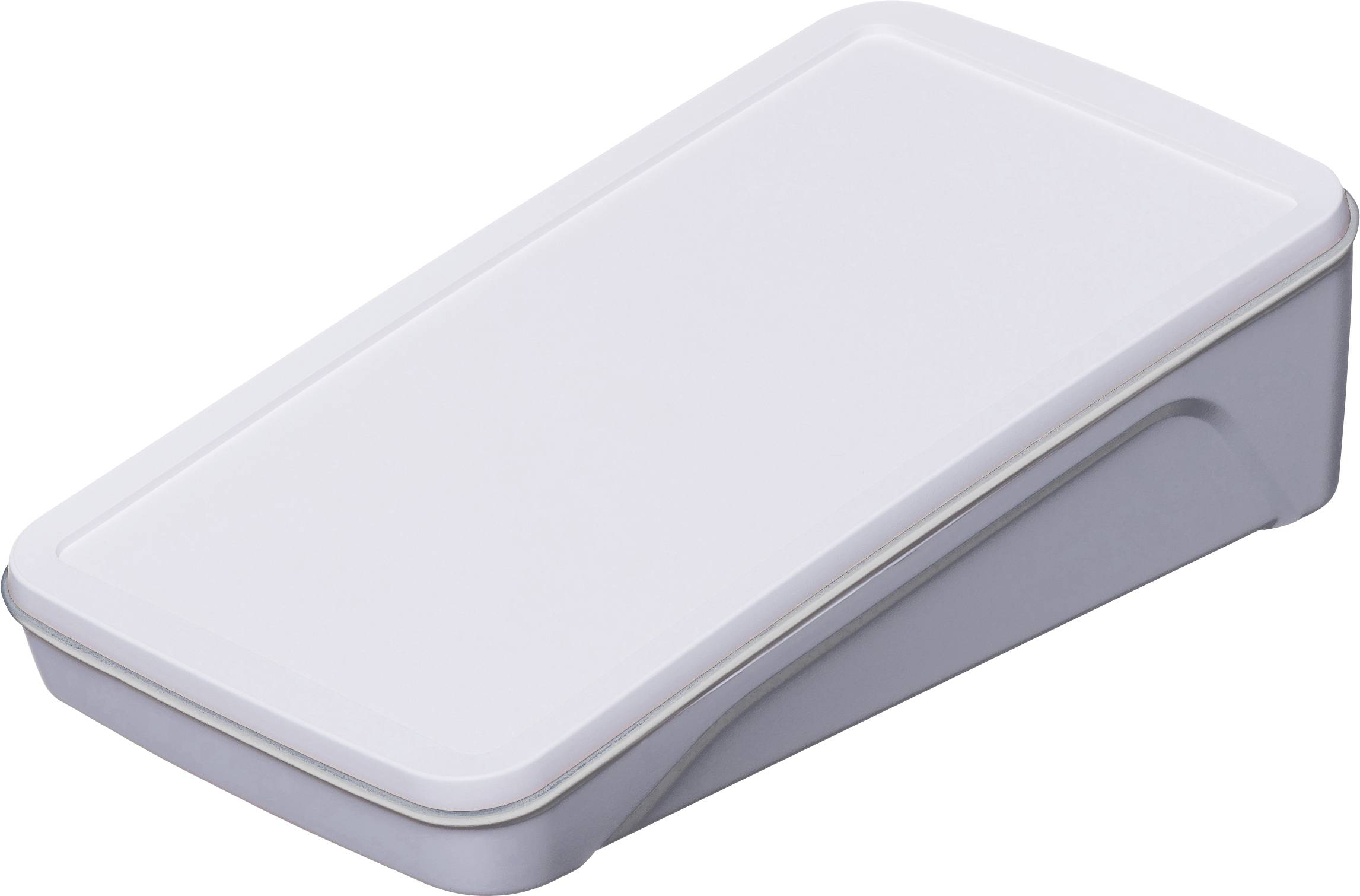 Prostokątny, płaski, biały pojemnik z tworzywa sztucznego z zdejmowaną pokrywką, prawdopodobnie do przechowywania lub organizacji.