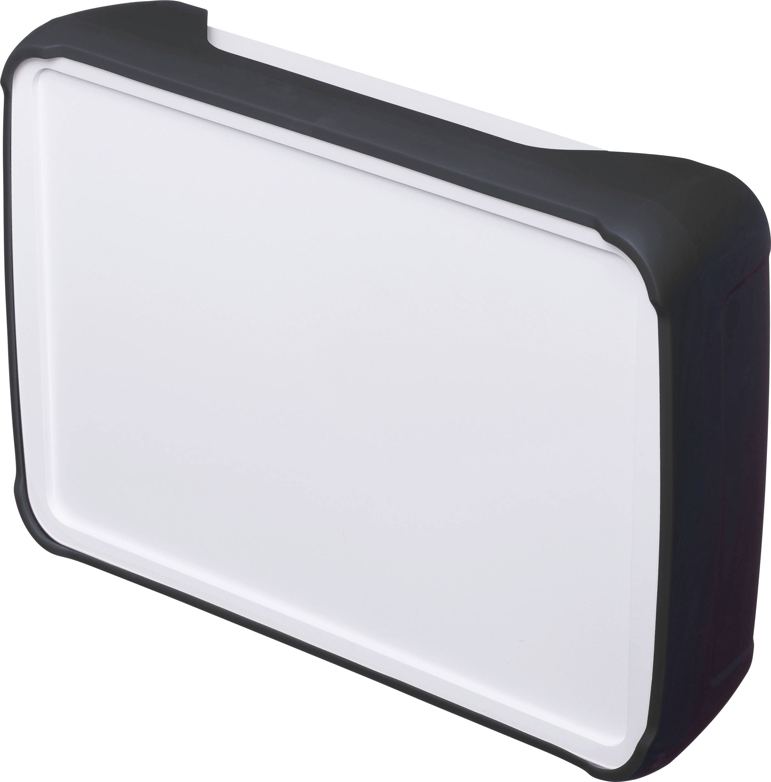 Prostokątne, czarno-białe urządzenie plastikowe o gładkiej powierzchni, prawdopodobnie obudowa lub skaner kart.