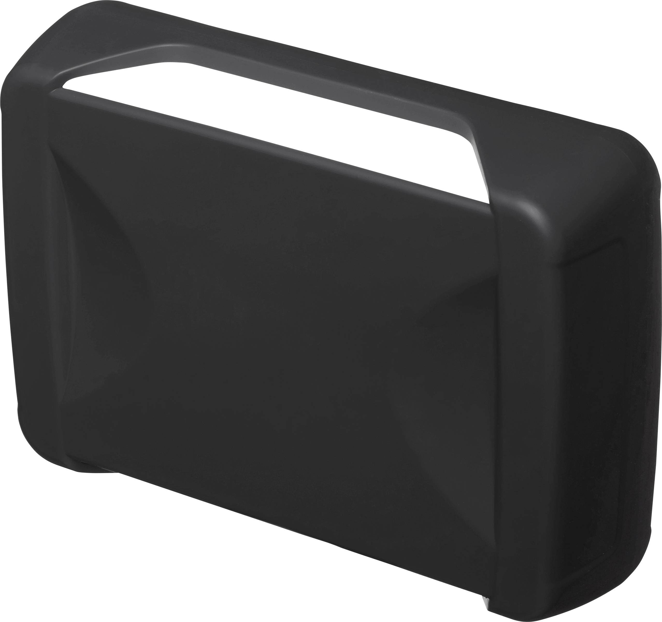 Czarna, prostokątna osłona z tworzywa sztucznego zaokrąglona na narożnikach z wąską szczeliną od góry, prawdopodobnie przeznaczona do klamki.