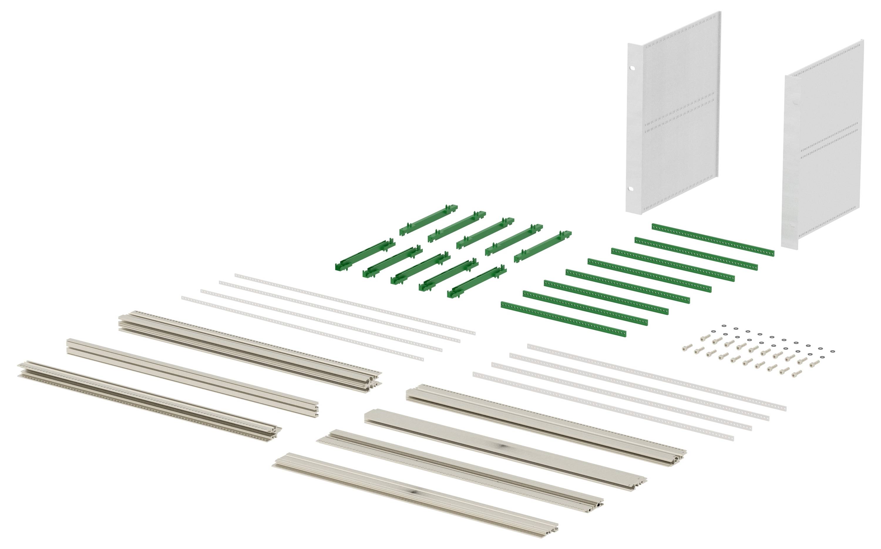 Płaskie ułożenie metalowych i zielonych plastikowych elementów, w tym szyn i złączy, ułożonych do montażu obok dwóch prostokątnych paneli.