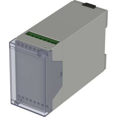 Szare prostokątne obudowa elektroniczna z przezroczystą osłoną przednią i zielonymi zaciskami przyłączeniowymi u góry, stosowana do elementów elektrycznych.
