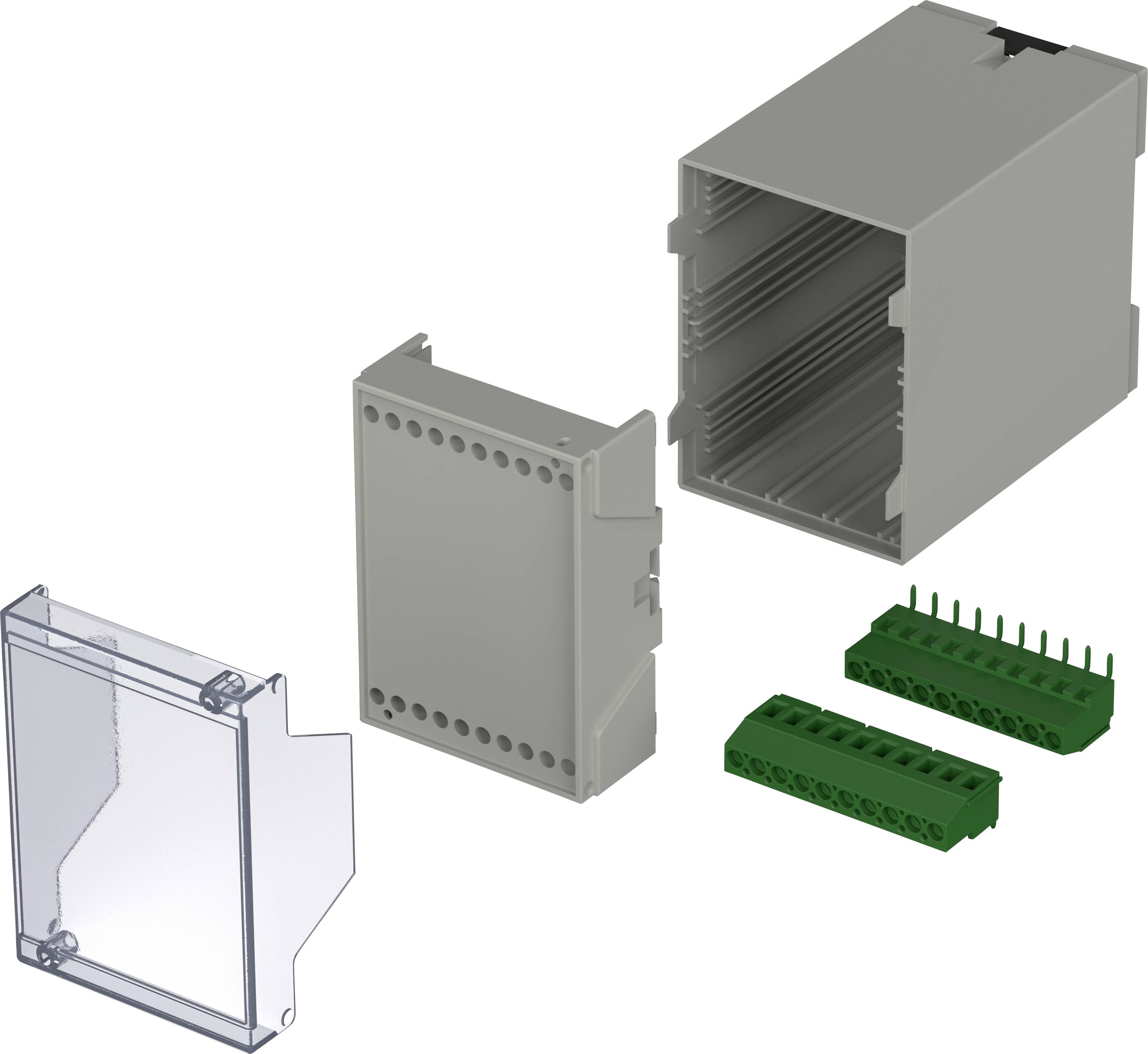 Zestaw obudowy z przezroczystą pokrywą, szarą częścią środkową i dwoma zielonymi zaciskami. Nadaje się do zastosowań elektronicznych lub sterujących.