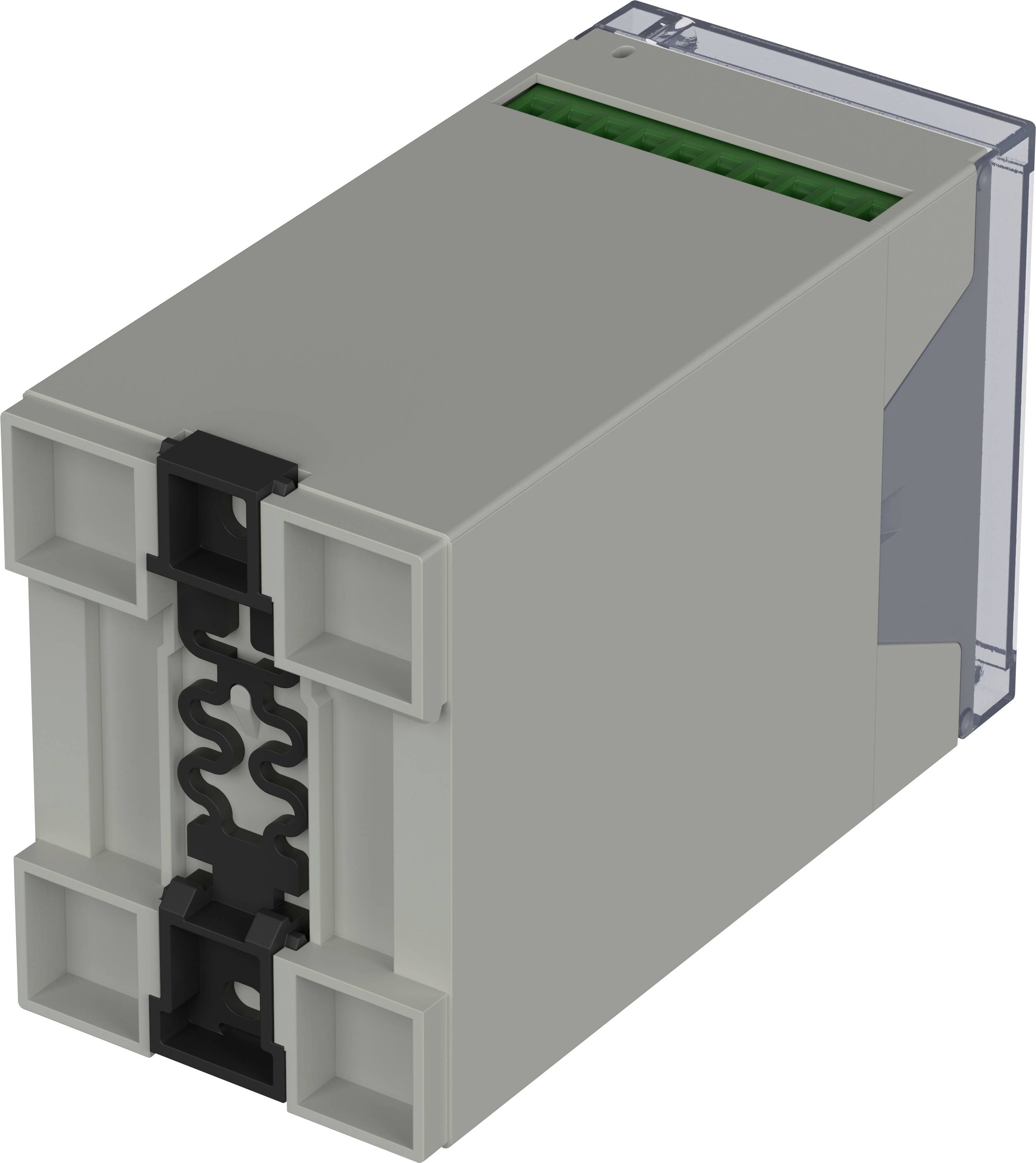 Urządzenie elektroniczne w prostokątnej szarej obudowie, widok z tyłu ujawnia elementy mocujące, przystosowane do montażu na szynie DIN.