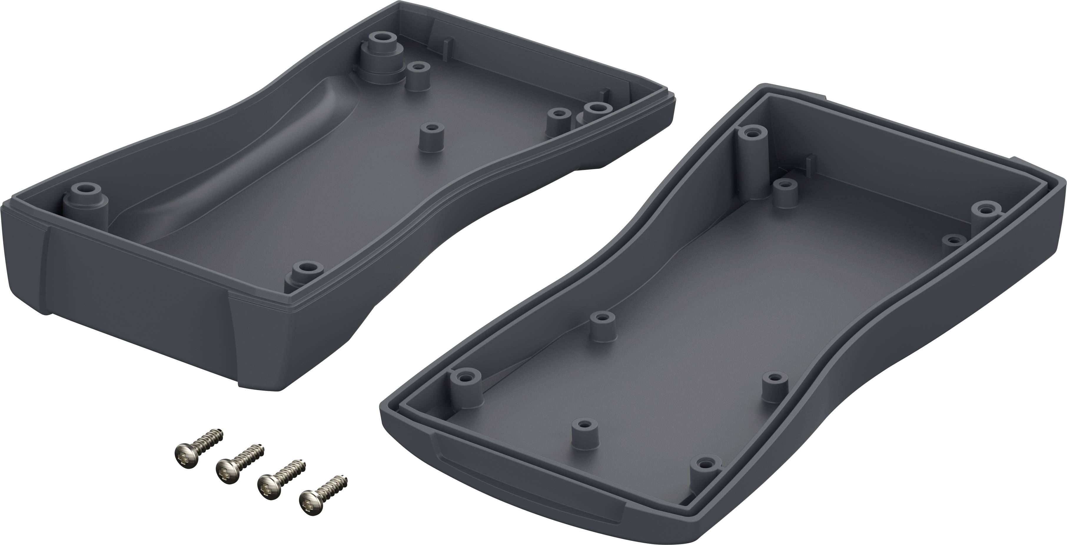 Dwuczęściowa, czarna obudowa z tworzywa sztucznego o falistym kształcie, pozostawiona otwartą; cztery dopasowane śruby obok niej.