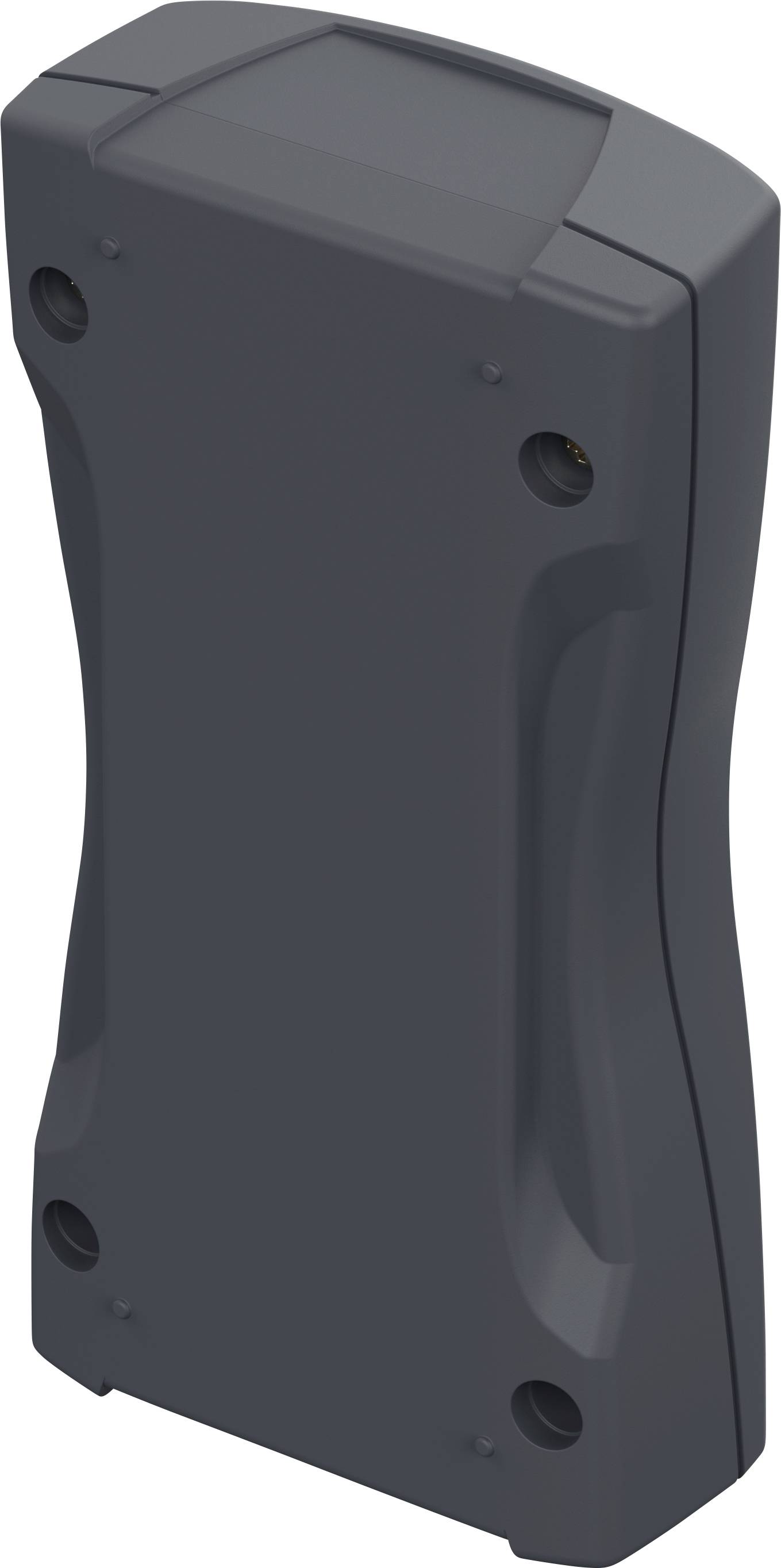 Prostokątna, ciemnoszara obudowa z tworzywa sztucznego z zaokrąglonymi krawędziami i czterema widocznymi otworami na śruby, widok od tyłu.