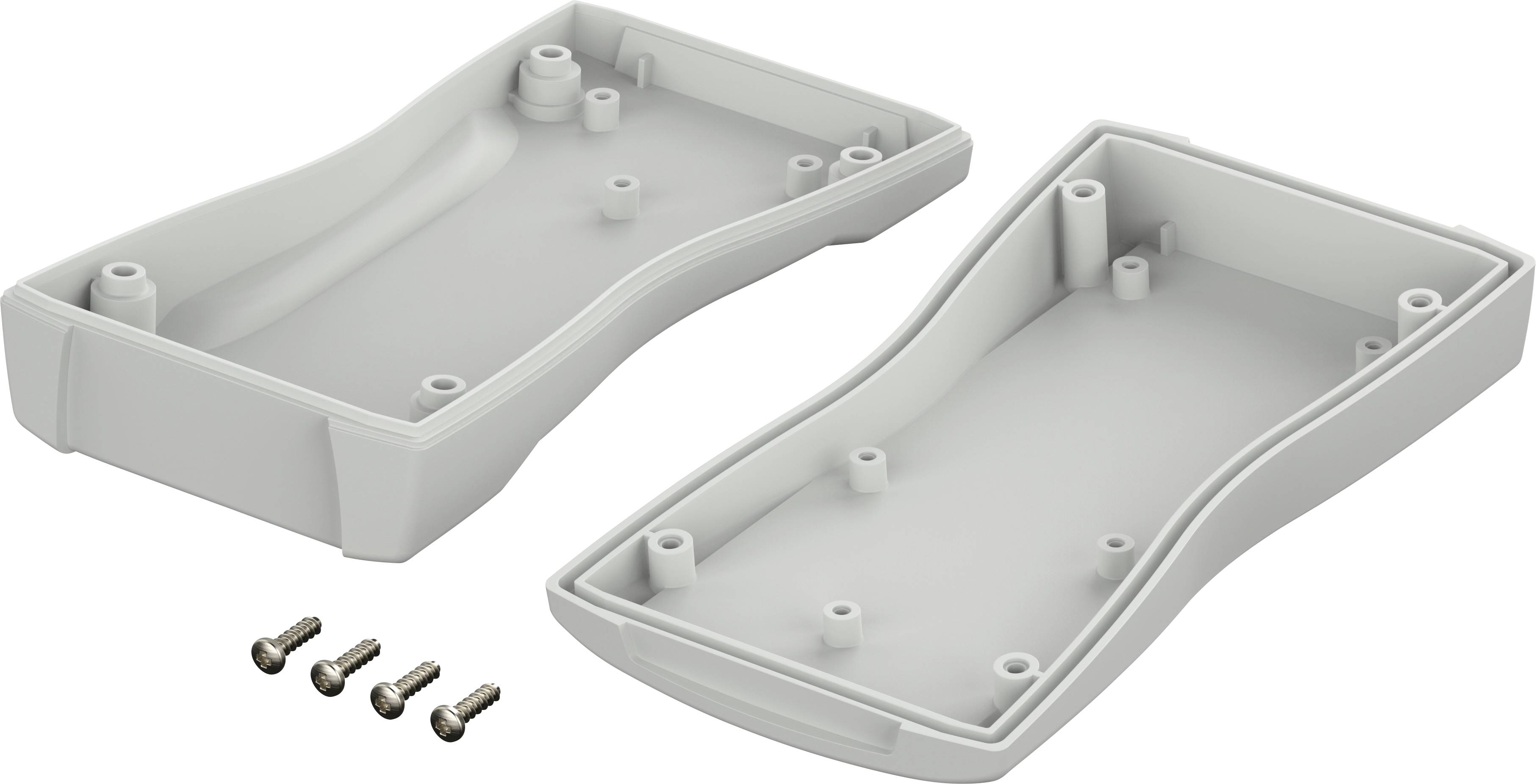 Obudowa z tworzywa sztucznego składająca się z dwóch części, z czterema śrubami obok, odpowiednia do montażu urządzeń elektronicznych.