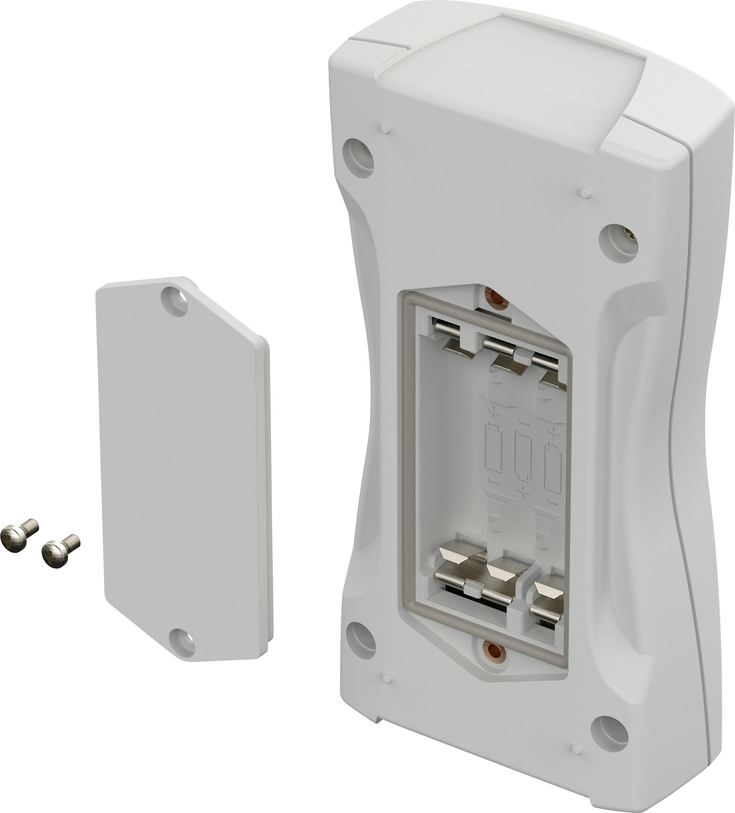 Przegródka baterii uchwytu ściennego, otwarta, z dwoma śrubami mocującymi obok. Umożliwia włożenie baterii.