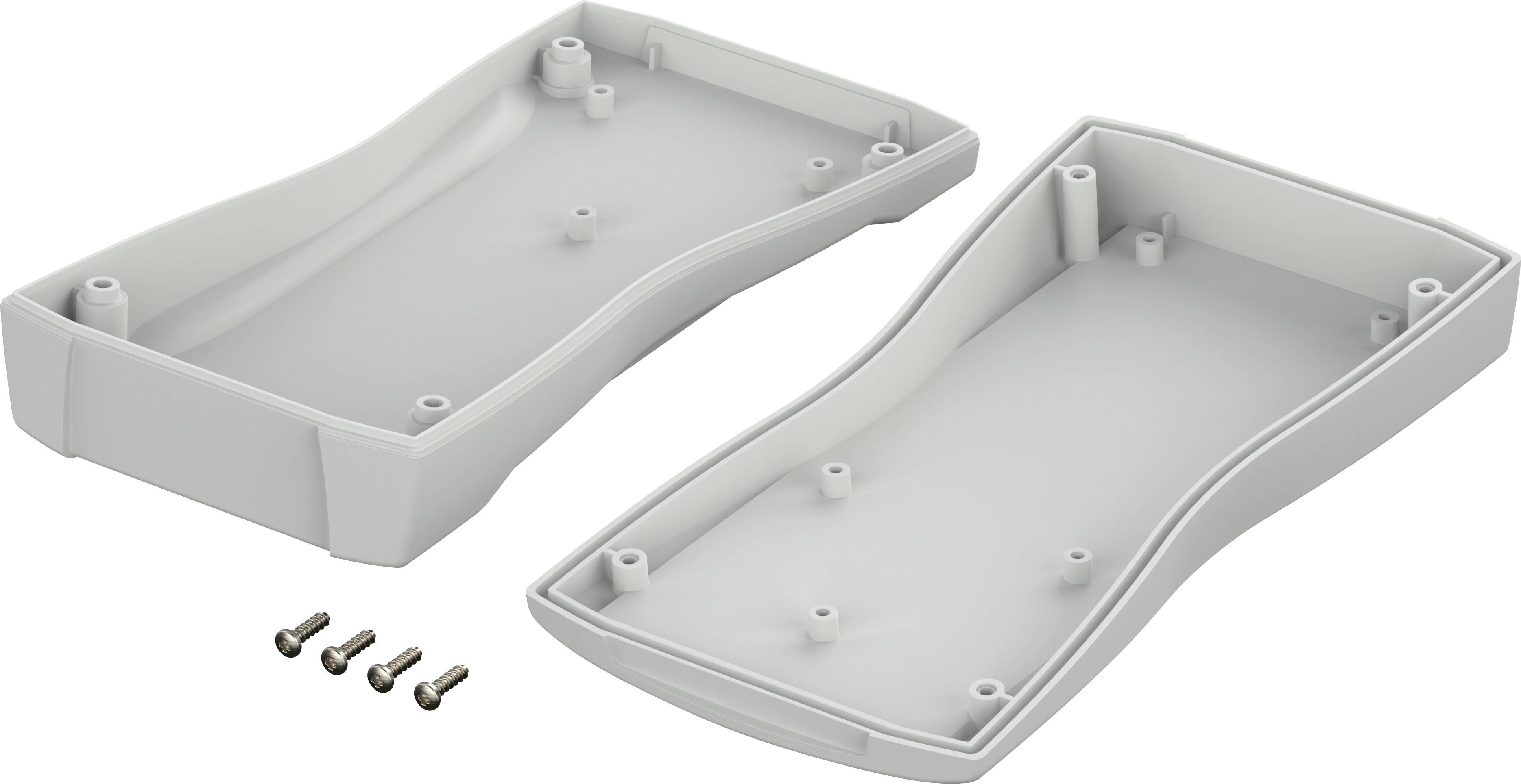 Szare, dwuczęściowe obudowa z tworzywa sztucznego z czterema śrubami. Połówki obudowy są otwarte i ukazują wewnętrzną strukturę do montażu.