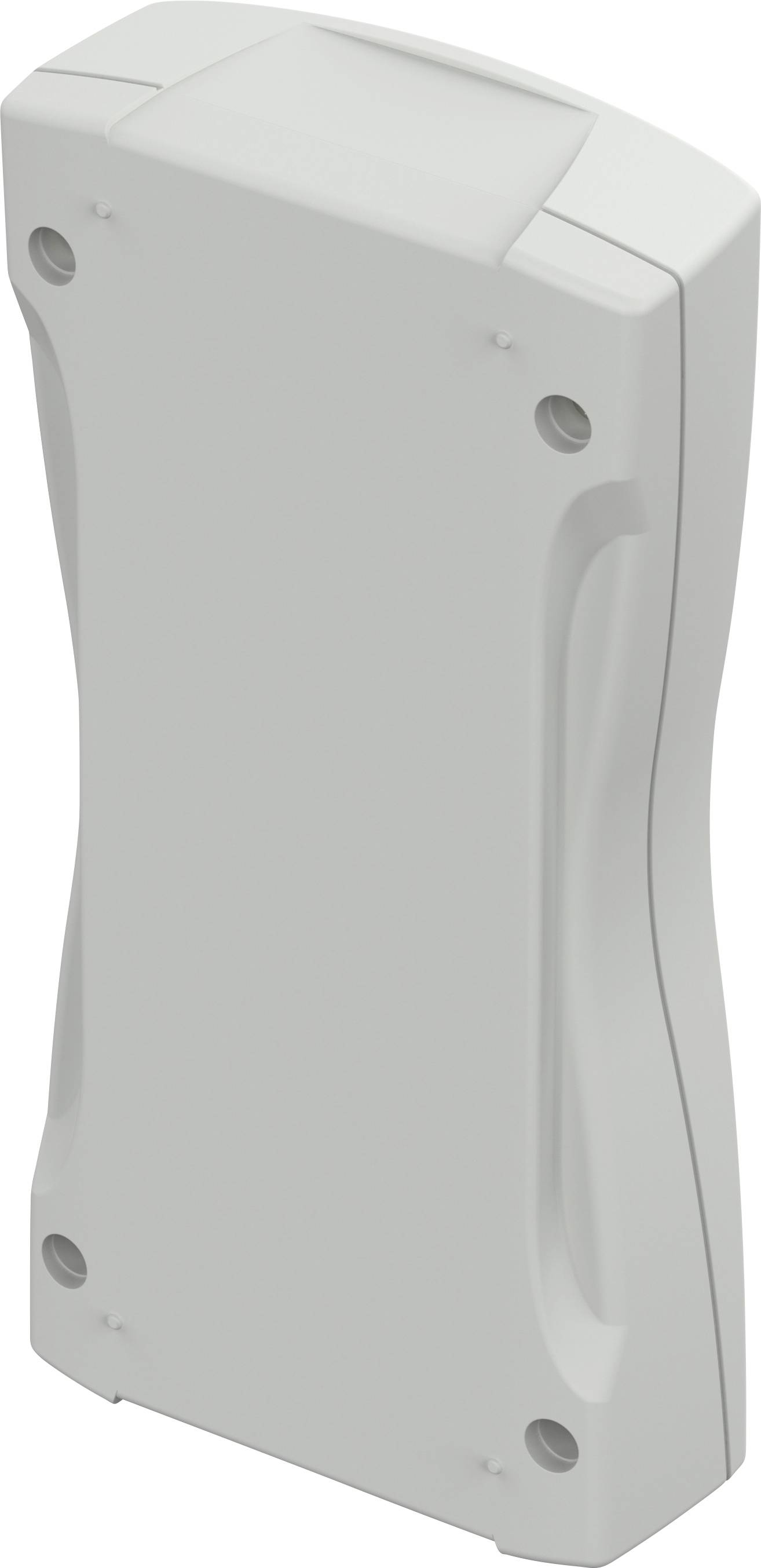 Białe, prostokątne obudowa z tworzywa sztucznego zaokrąglonymi narożnikami oraz czterema widocznymi śrubami w rogach.