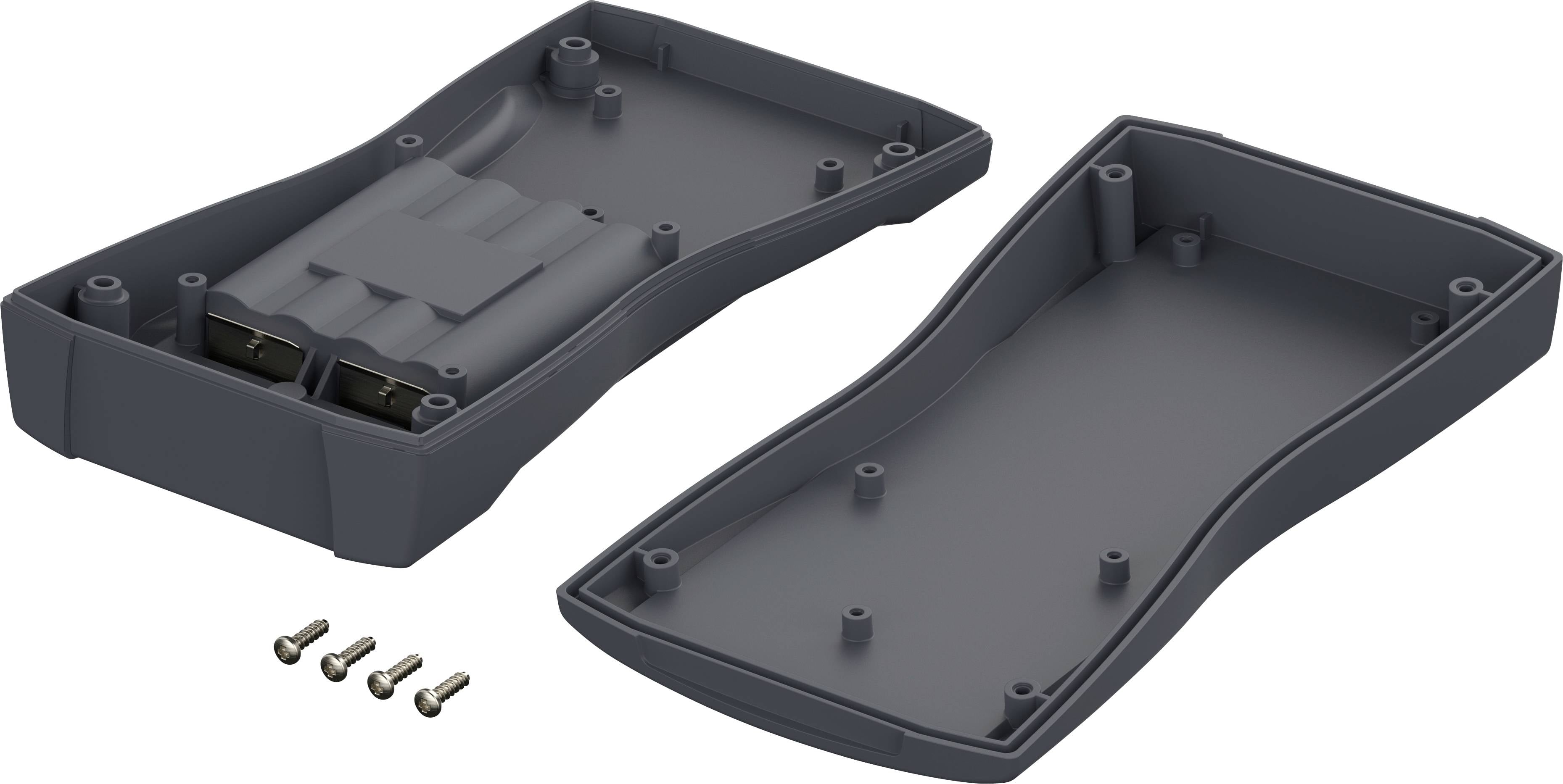 Otwarta szara obudowa podzielona na dwie połowy, pokazana z czterema małymi śrubami obok, gotowa do montażu lub wymiany podzespołów.