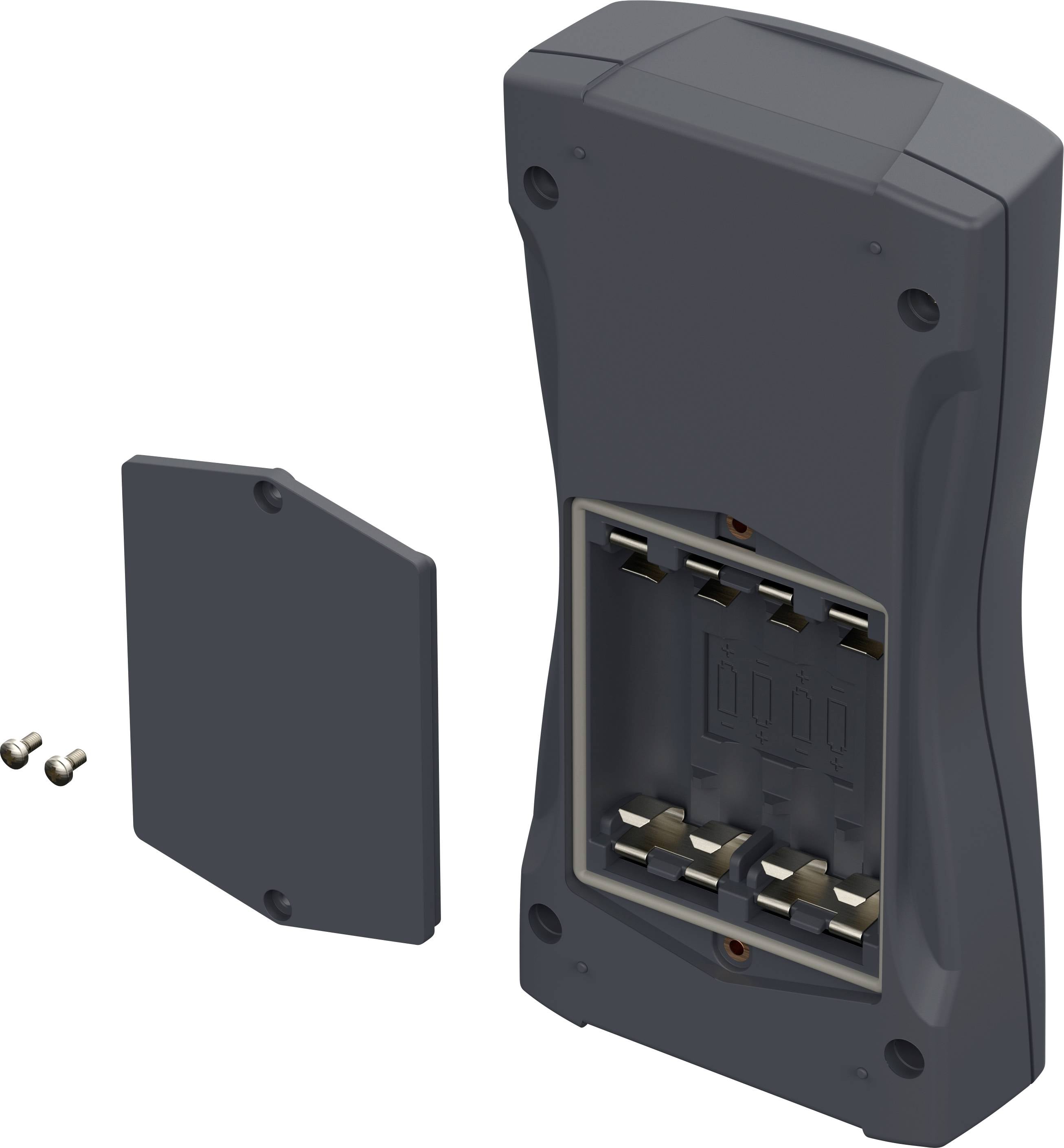 Tył urządzenia przedstawia otwartą komorę baterii z czterema pustymi gniazdami na baterie, zdjętą pokrywą oraz dwoma małymi śrubkami.