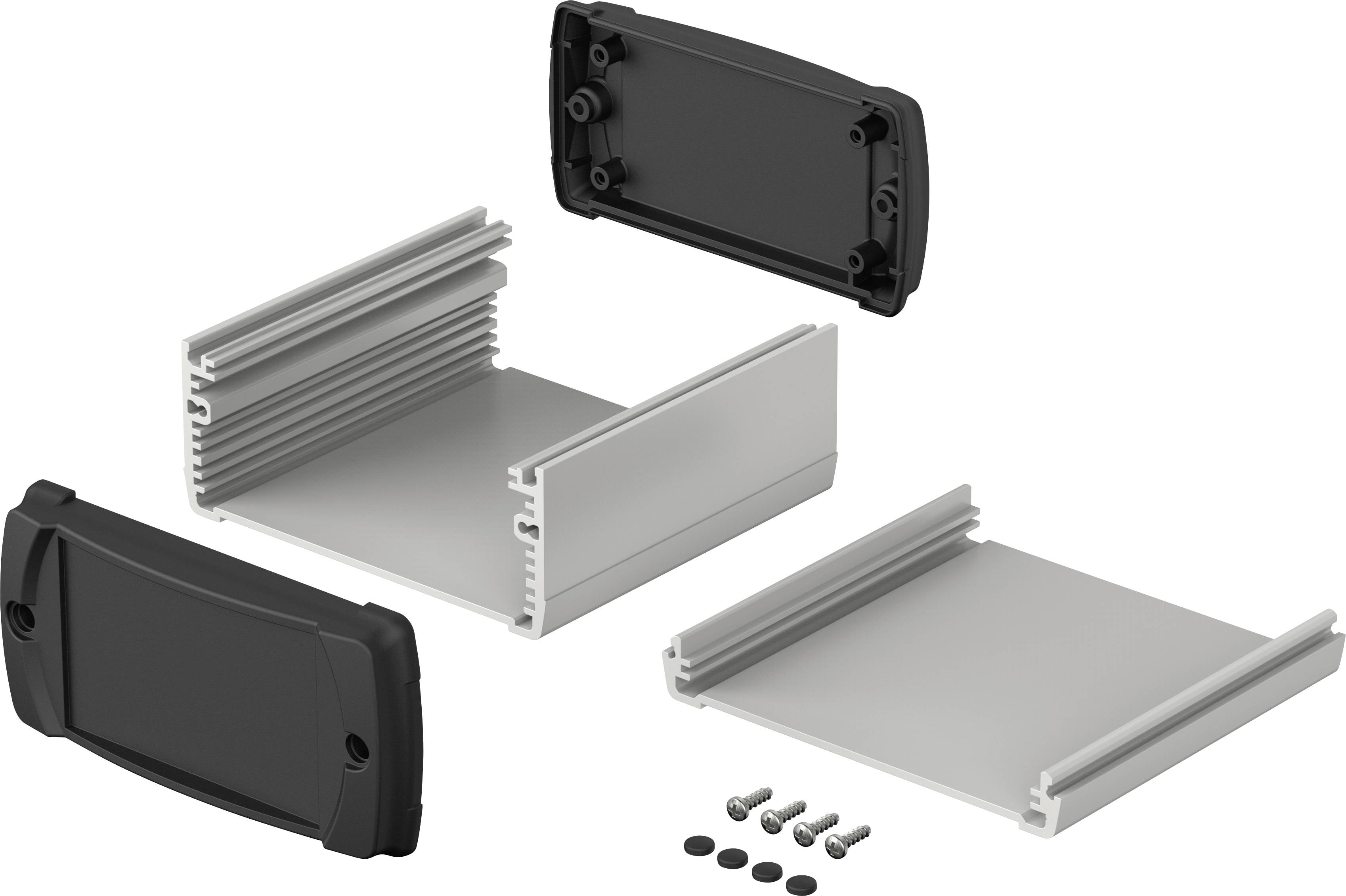 Szare obudowa elektroniczna w częściach, składająca się z ścianek bocznych, górnej i dolnej części, końcówek oraz śrub.