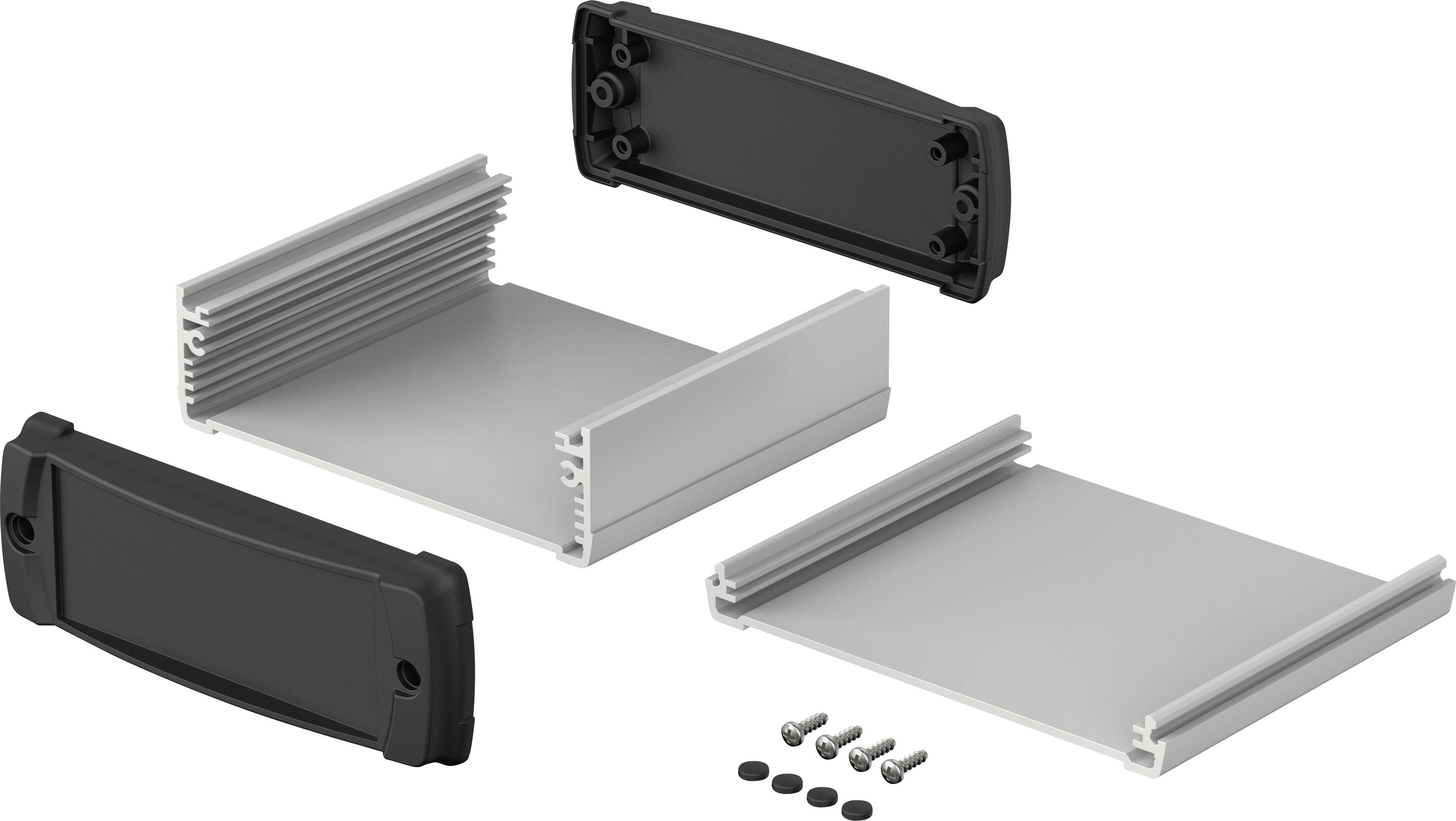 Zestaw obudowy elektronicznej z obudową aluminiową, czarnymi zaślepkami końcowymi i śrubami, przedstawiony osobno.