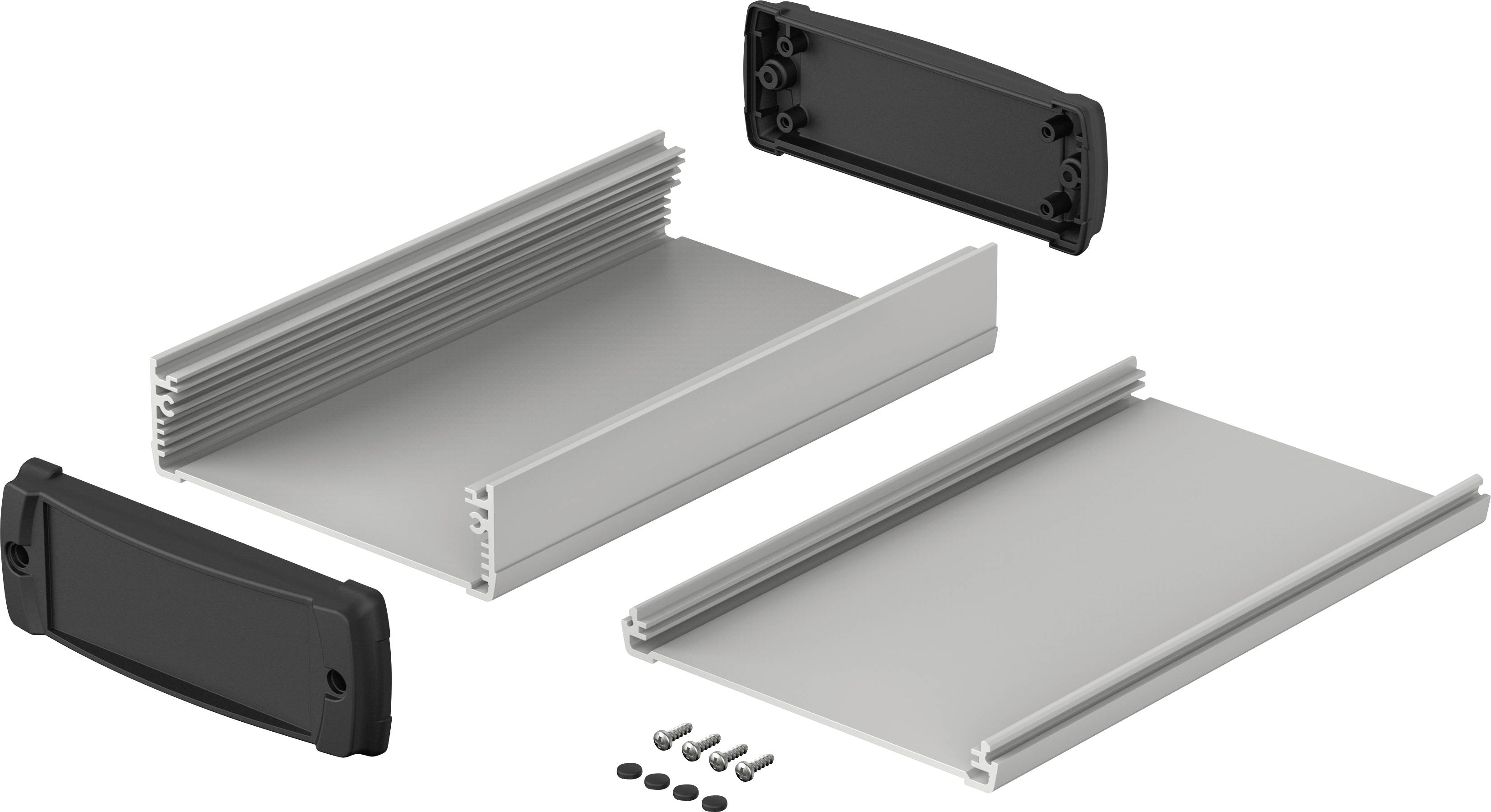 Metalowa rama z czarnymi plastikowymi nakładkami i śrubami, które tworzą obudowę. Stosowana głównie w obudowach elektronicznych.