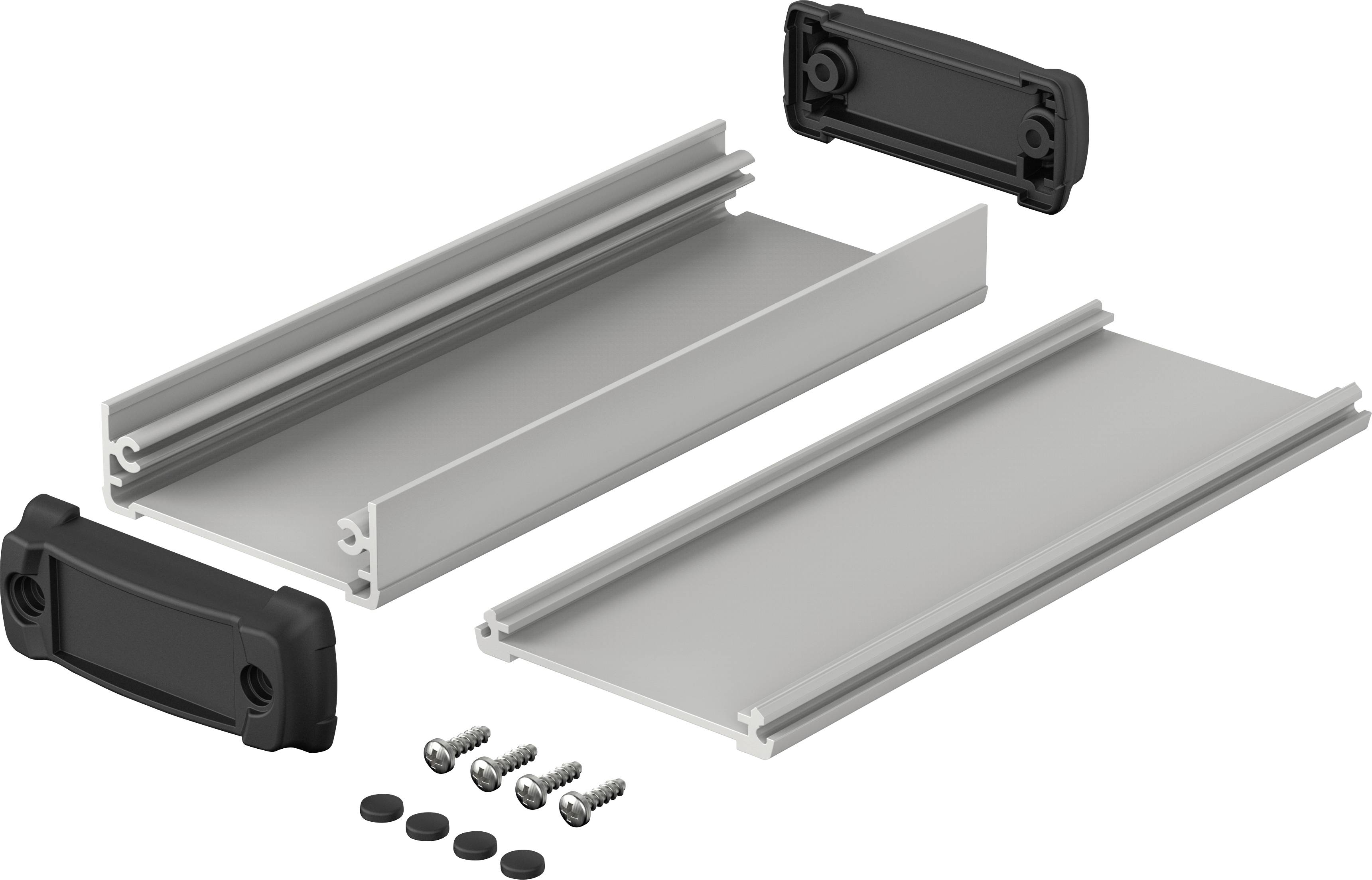 Profile ramowe z aluminium z czarnymi plastikowymi nakładkami końcowymi i śrubami, rozłożone i przedstawione na białym tle.