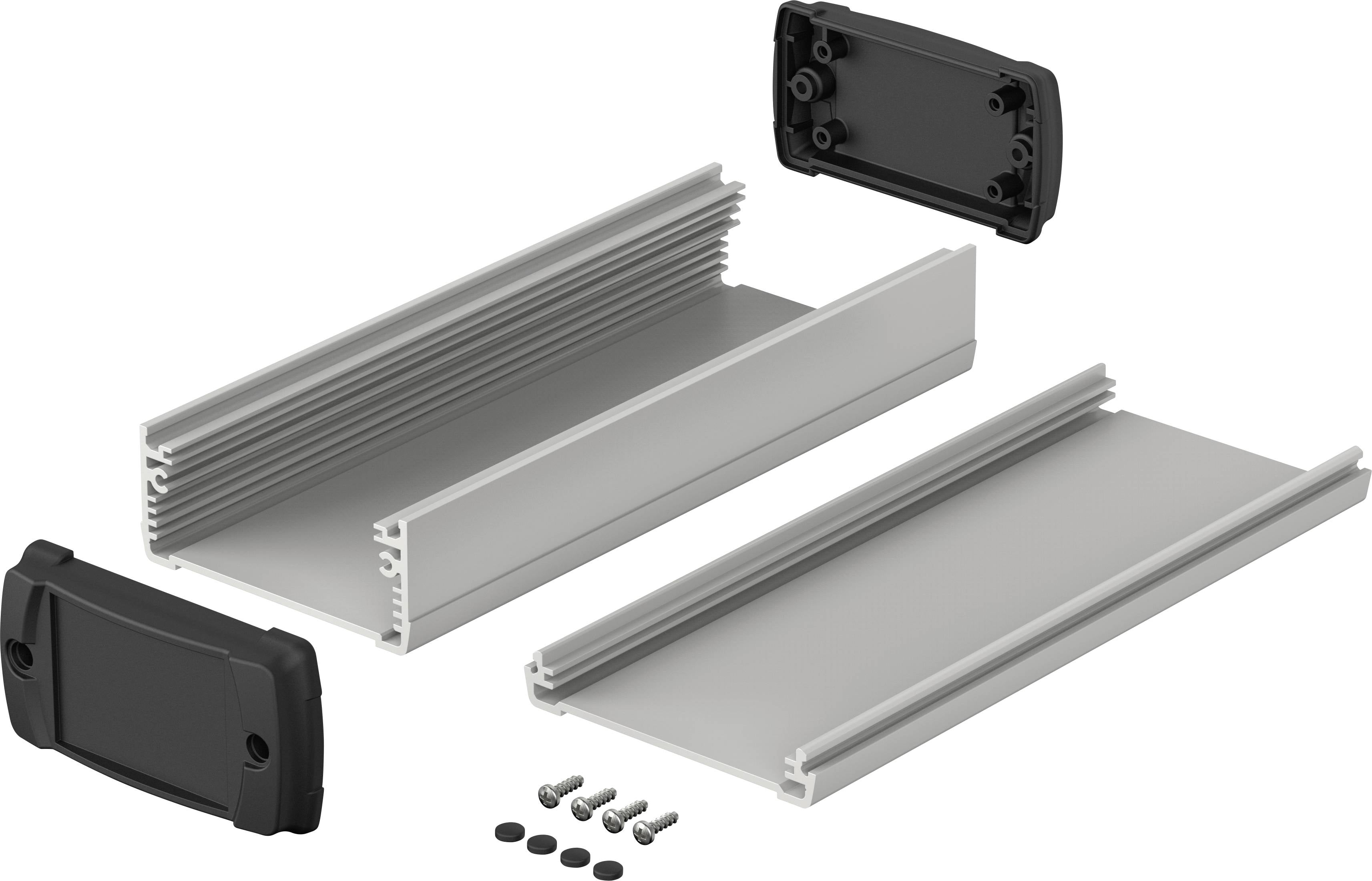 Obudowa aluminiowa w częściach: dwie szare części metalowe, dwie czarne zaślepki końcowe, cztery śruby i cztery podkładki gumowe.