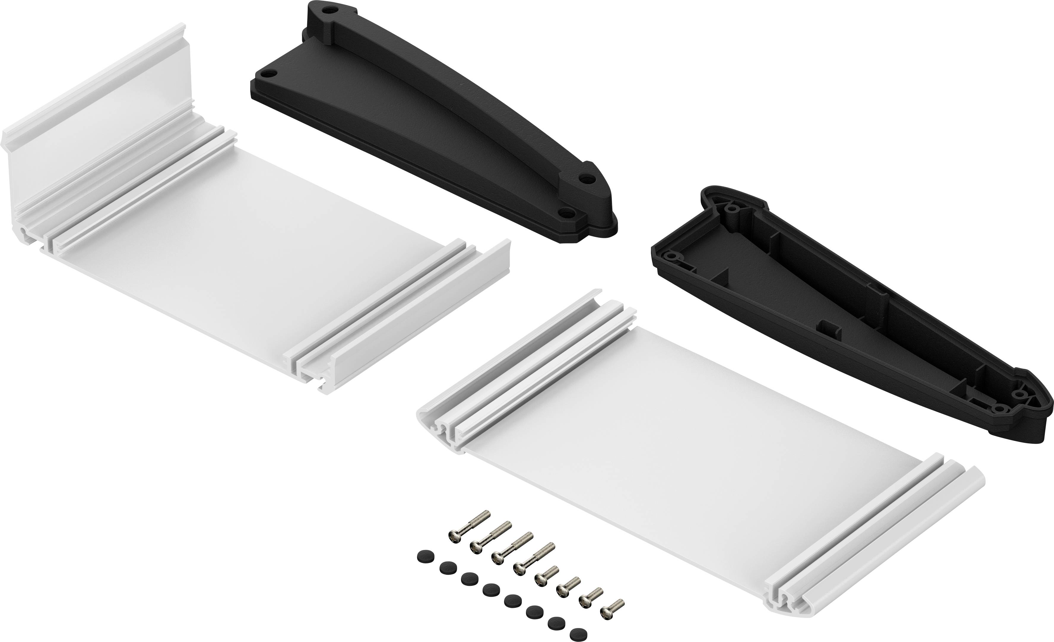 Dwie czarne uchwyty, dwie białe płyty z tworzywa sztucznego oraz kilka małych śrub i podkładek.