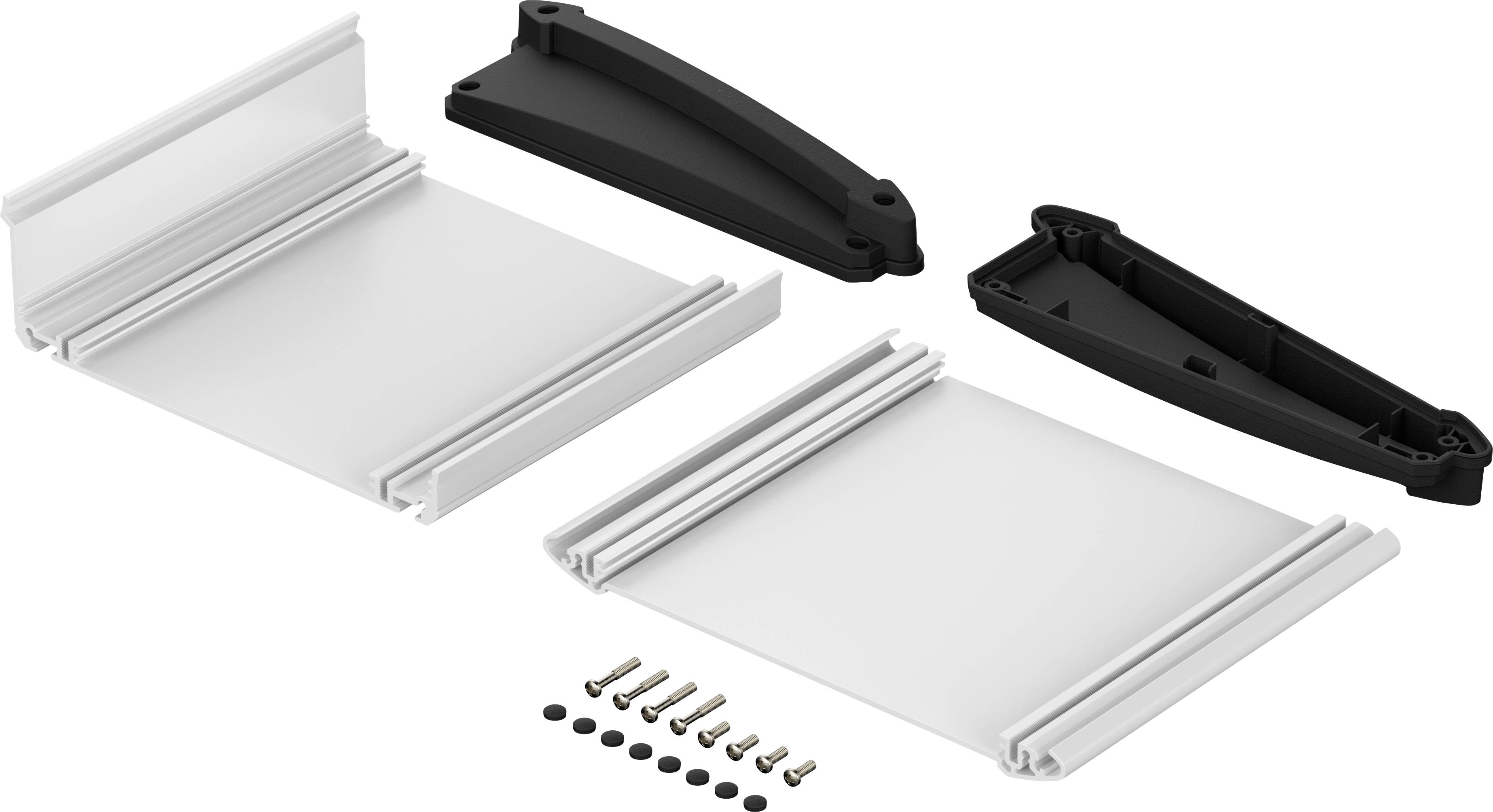 Cztery białe płyty z tworzywa sztucznego i dwa czarne elementy łączące leżą wraz z kilkoma śrubami na powierzchni.