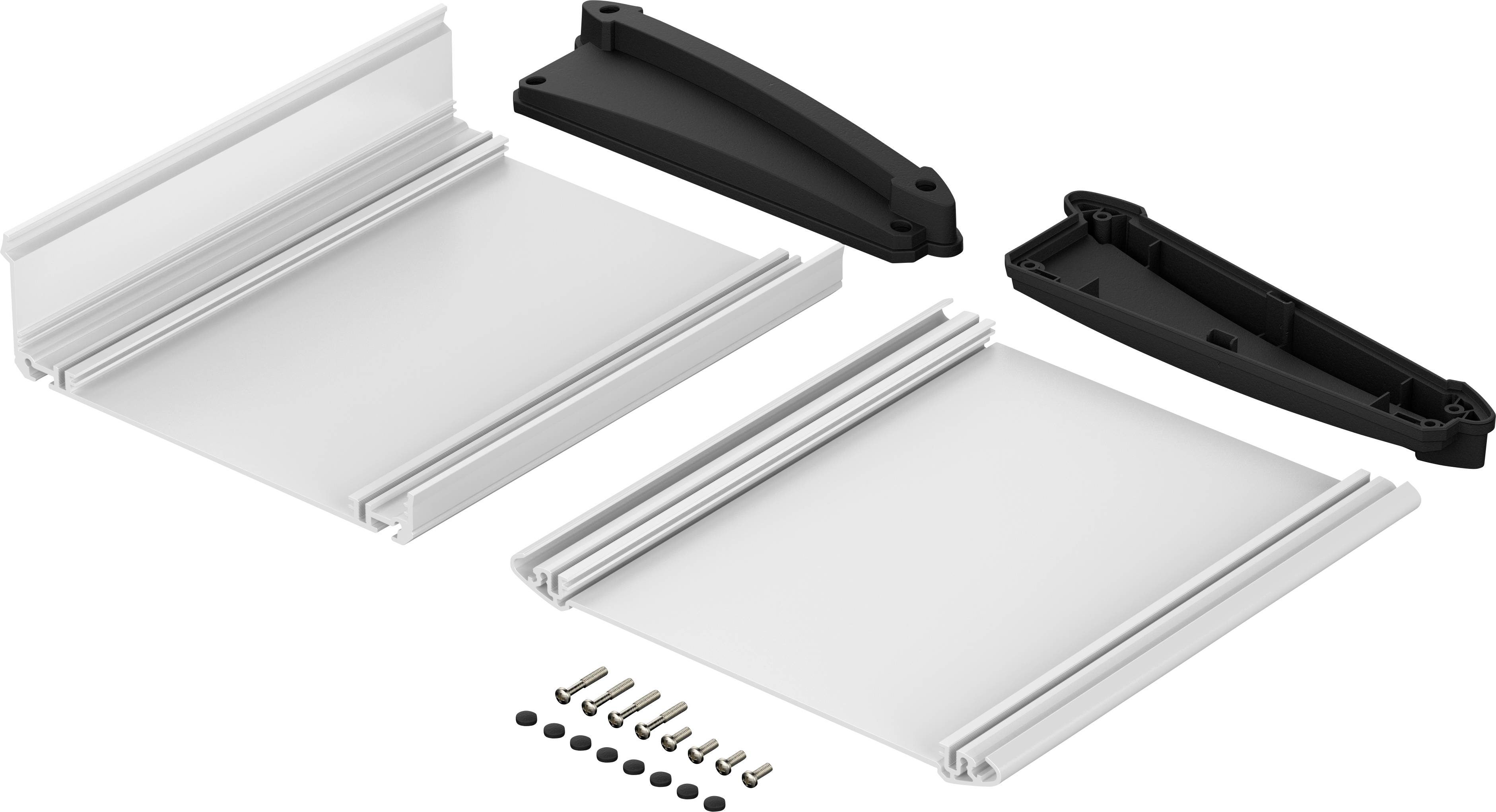 Dwie aluminiowe szyny montażowe, zakończone czarnymi plastikowymi nakładkami, z małymi śrubami i śrubkami pośrodku.