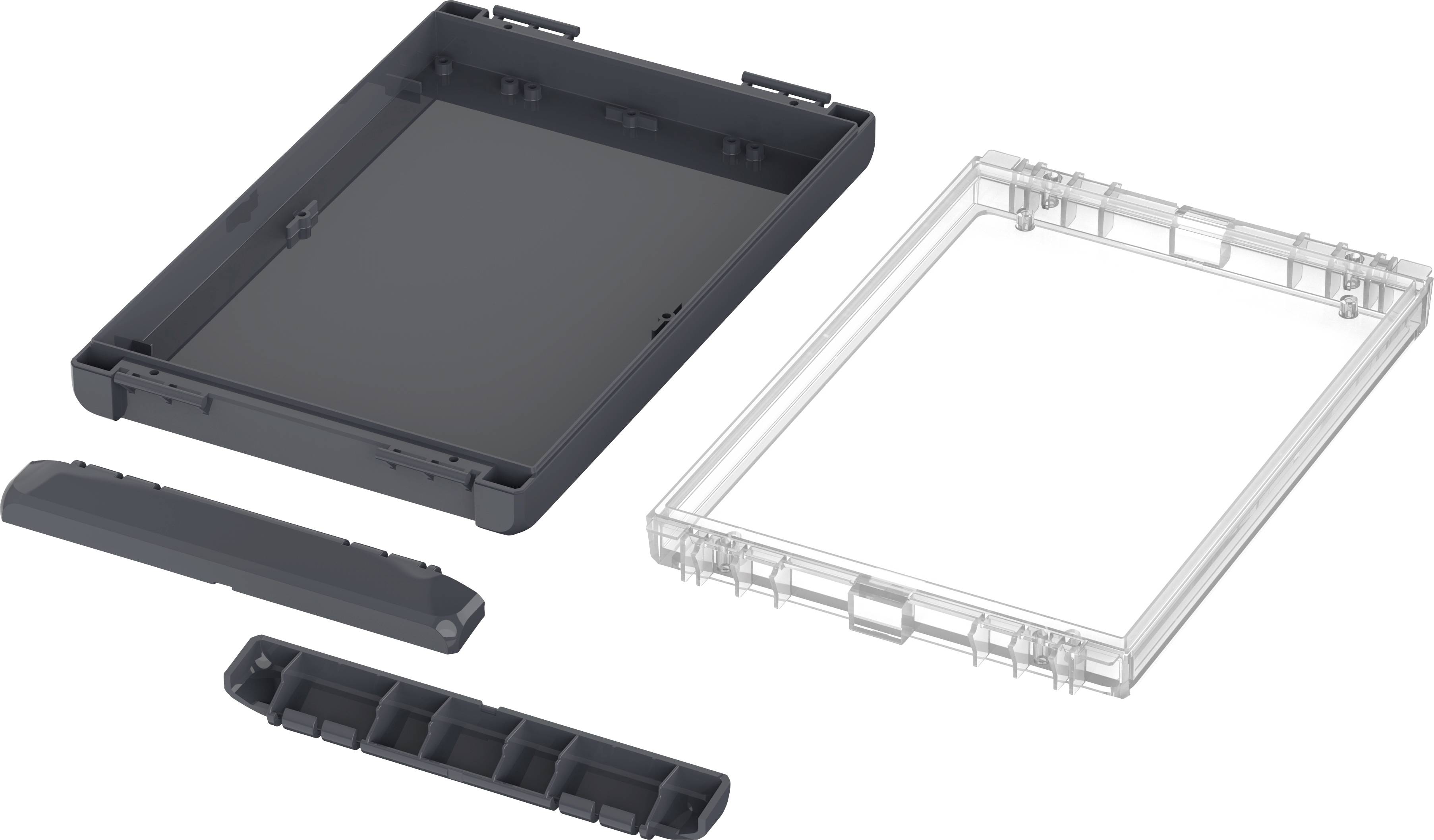 'Rysunek rozstrzelony obudowy z demontowalnymi pokrywami. Przedstawia różne elementy, takie jak rama i pokrywy, z różnych perspektyw.'