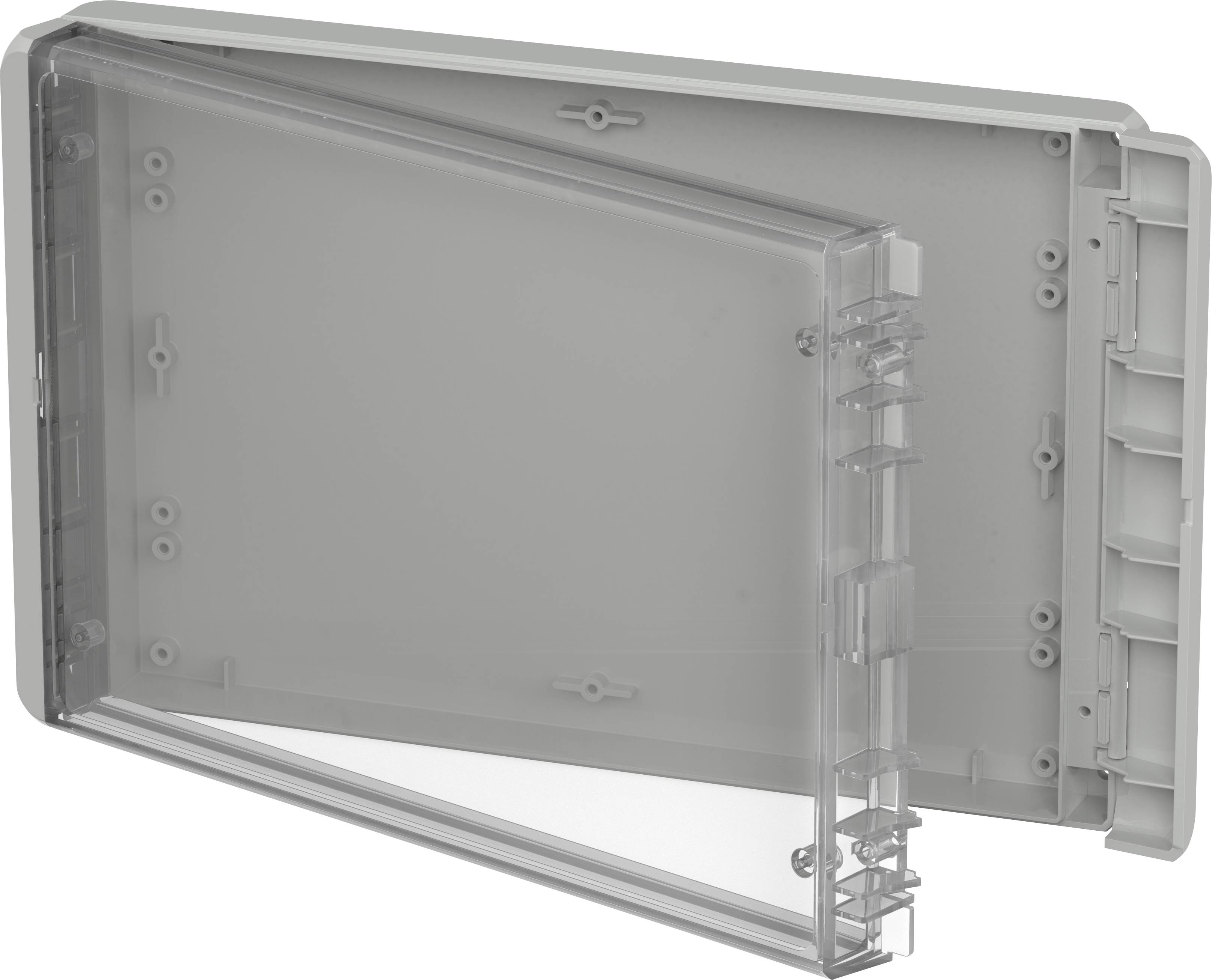 Szare, otwarte pudełko z tworzywa sztucznego z przezroczystym wiekiem, używane do bezpiecznego przechowywania elementów elektronicznych.