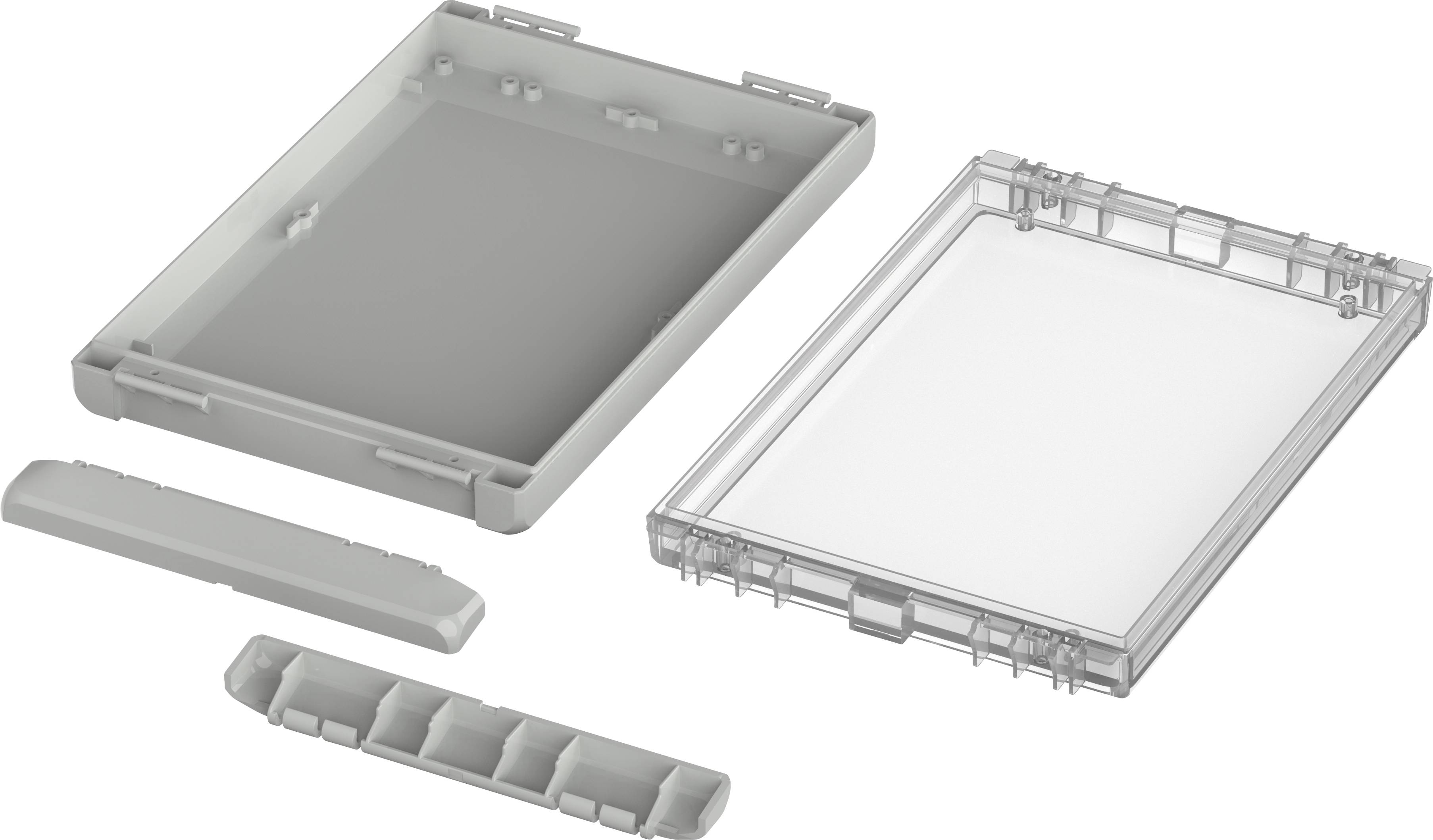 Elementy obudowy plastikowej w różnych rozmiarach, przedstawione jako osobne części i zmontowane.
