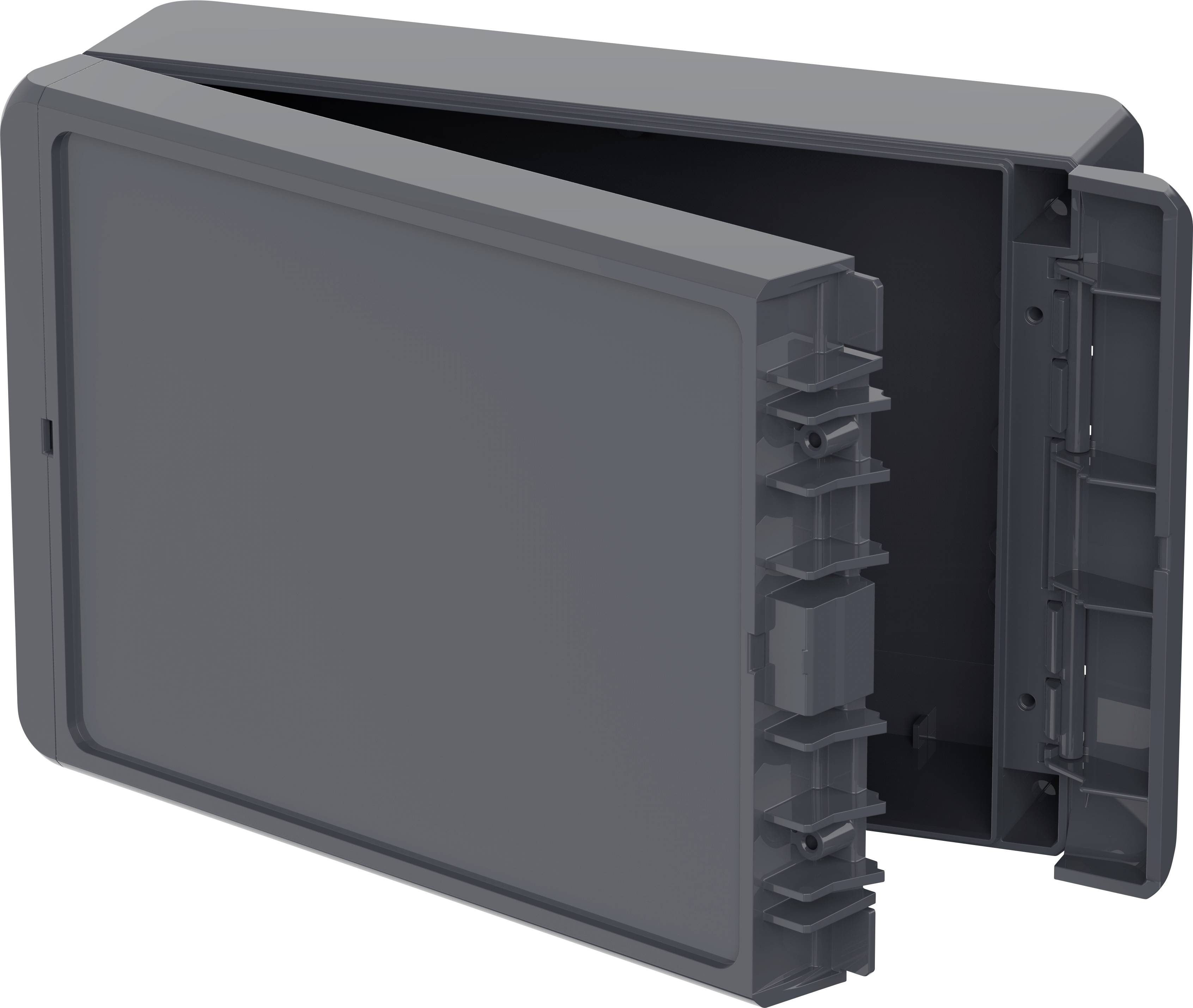 Ciemna, prostokątna obudowa z tworzywa sztucznego z uchyloną pokrywą, ukazująca wewnętrzne przegródki i uchwyty.