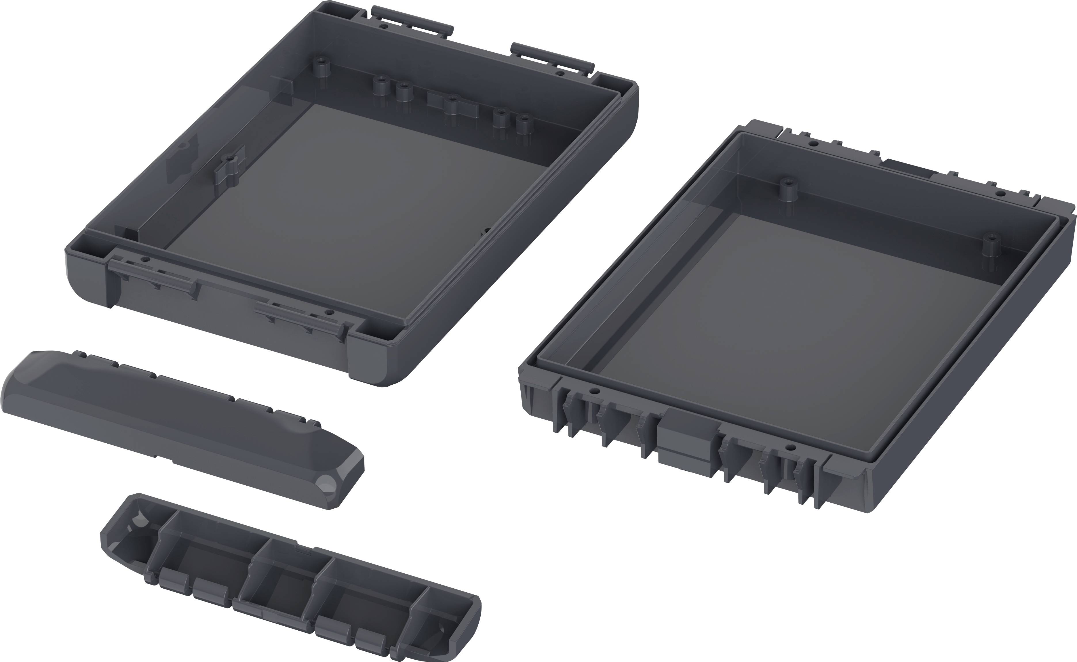 Cztery czarne elementy obudowy z tworzywa sztucznego, rozłożone i otwarte, ukazują wewnętrzne struktury i mocowania.