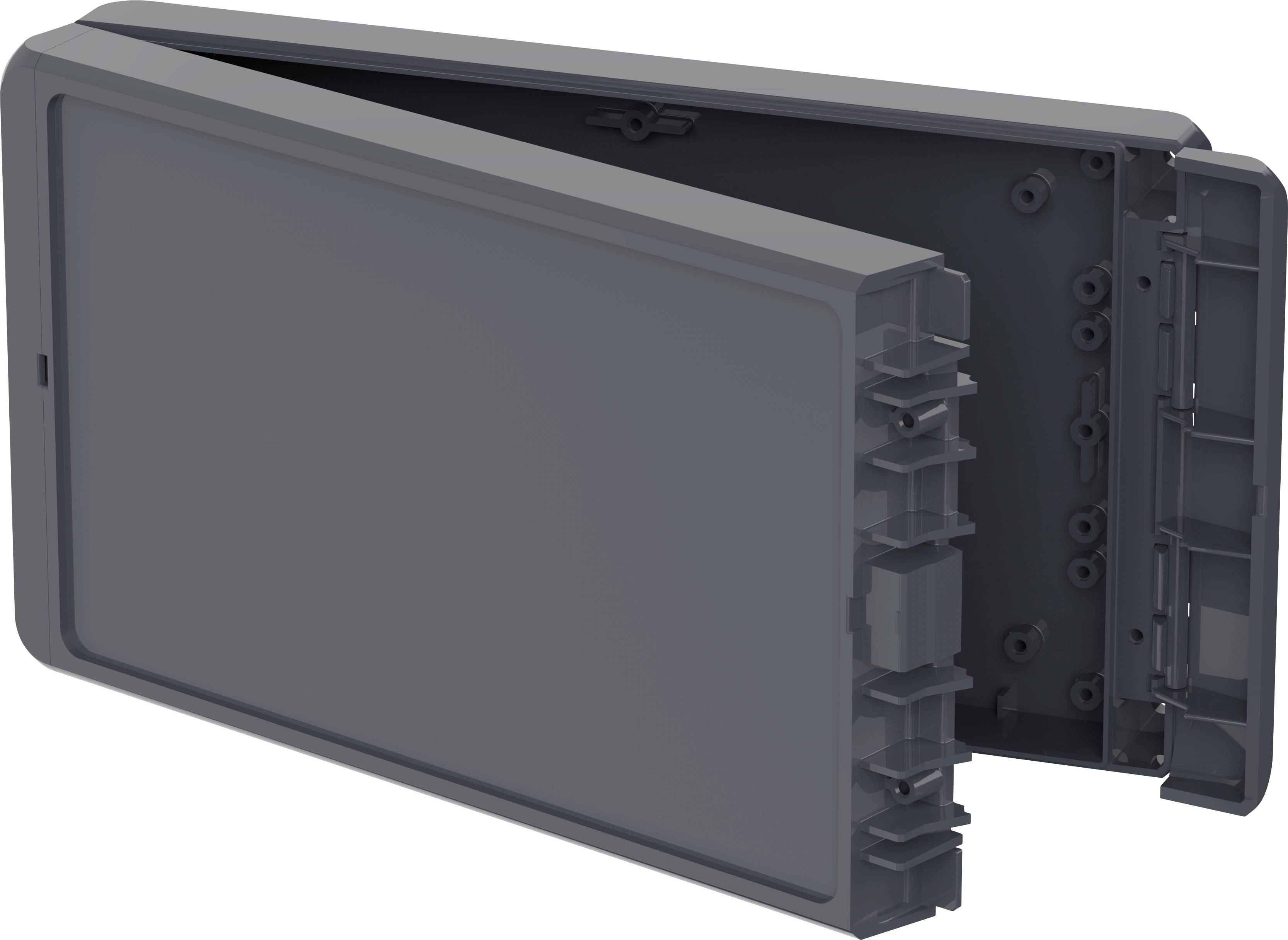 Otwarty szary plastikowy korpus elektroniczny z widocznymi otworami na śruby i wewnętrzną strukturą, odpowiedni do projektów majsterkowiczów.