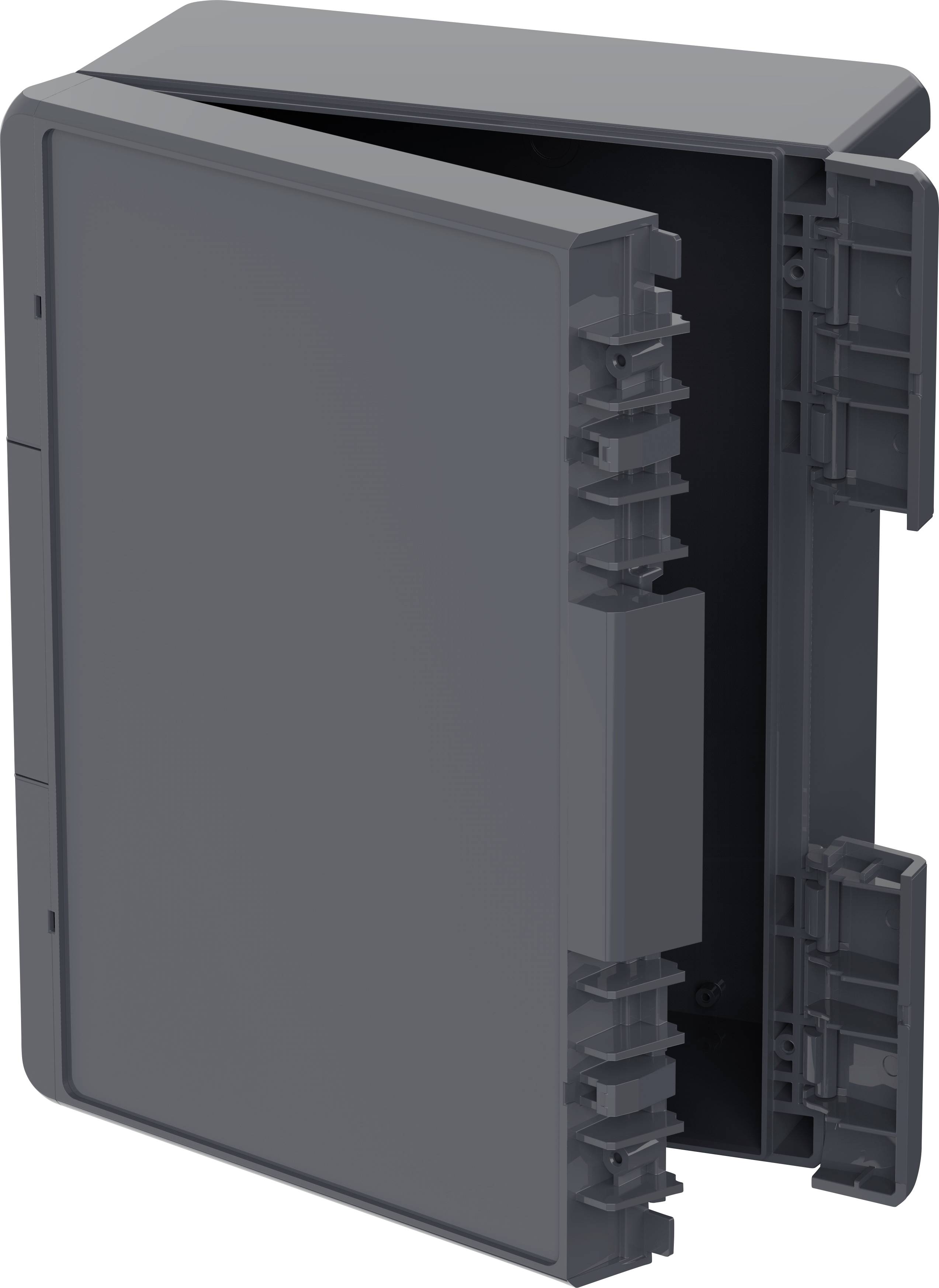 Ciemnoszara, prostokątna obudowa z otwartymi drzwiczkami, która prawdopodobnie służy do przechowywania lub zabezpieczania przedmiotów.