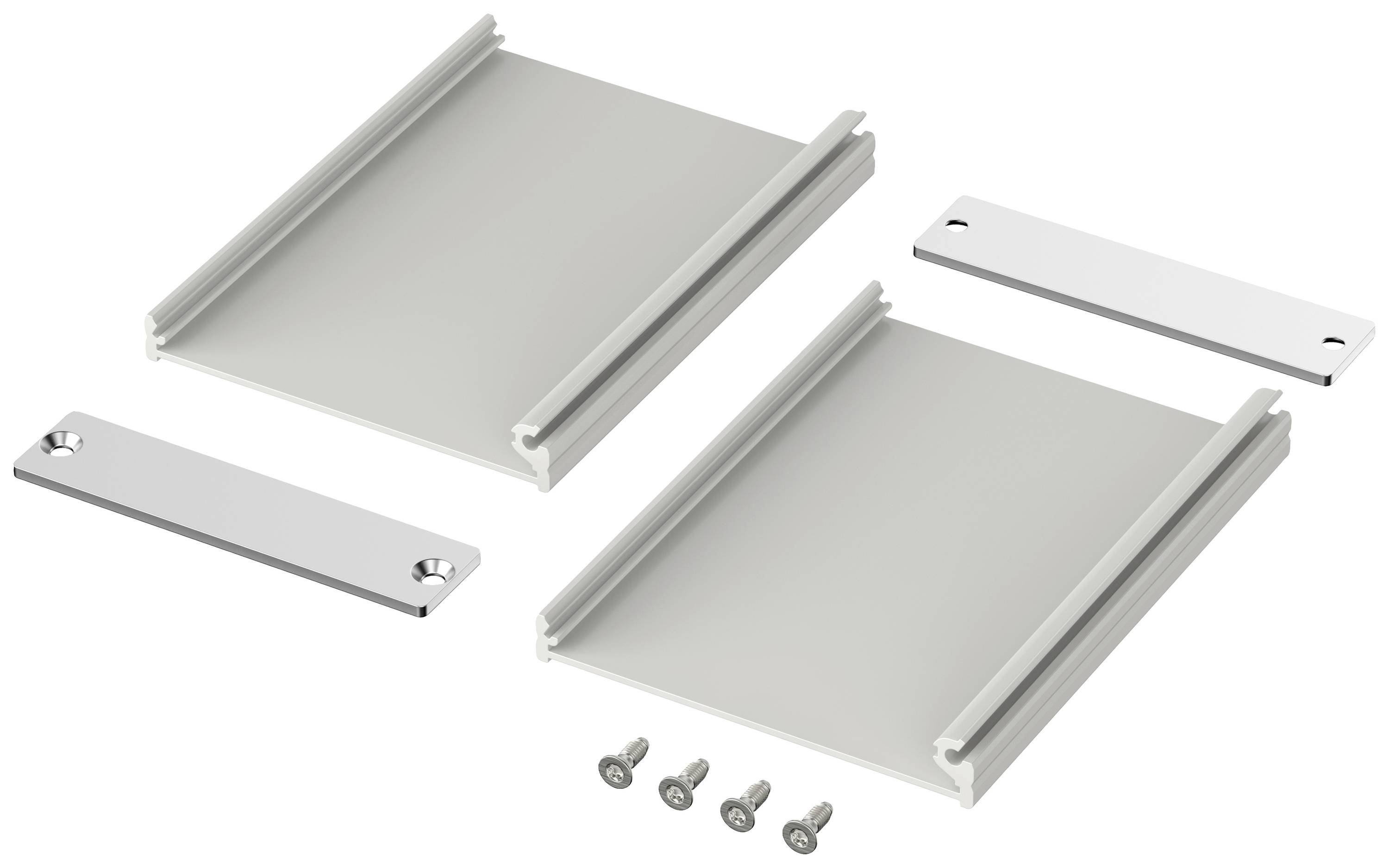 Dwie szare prostokątne metalowe płyty z otworami po bokach, towarzyszące im dwie prostokątne osłony oraz cztery śruby.