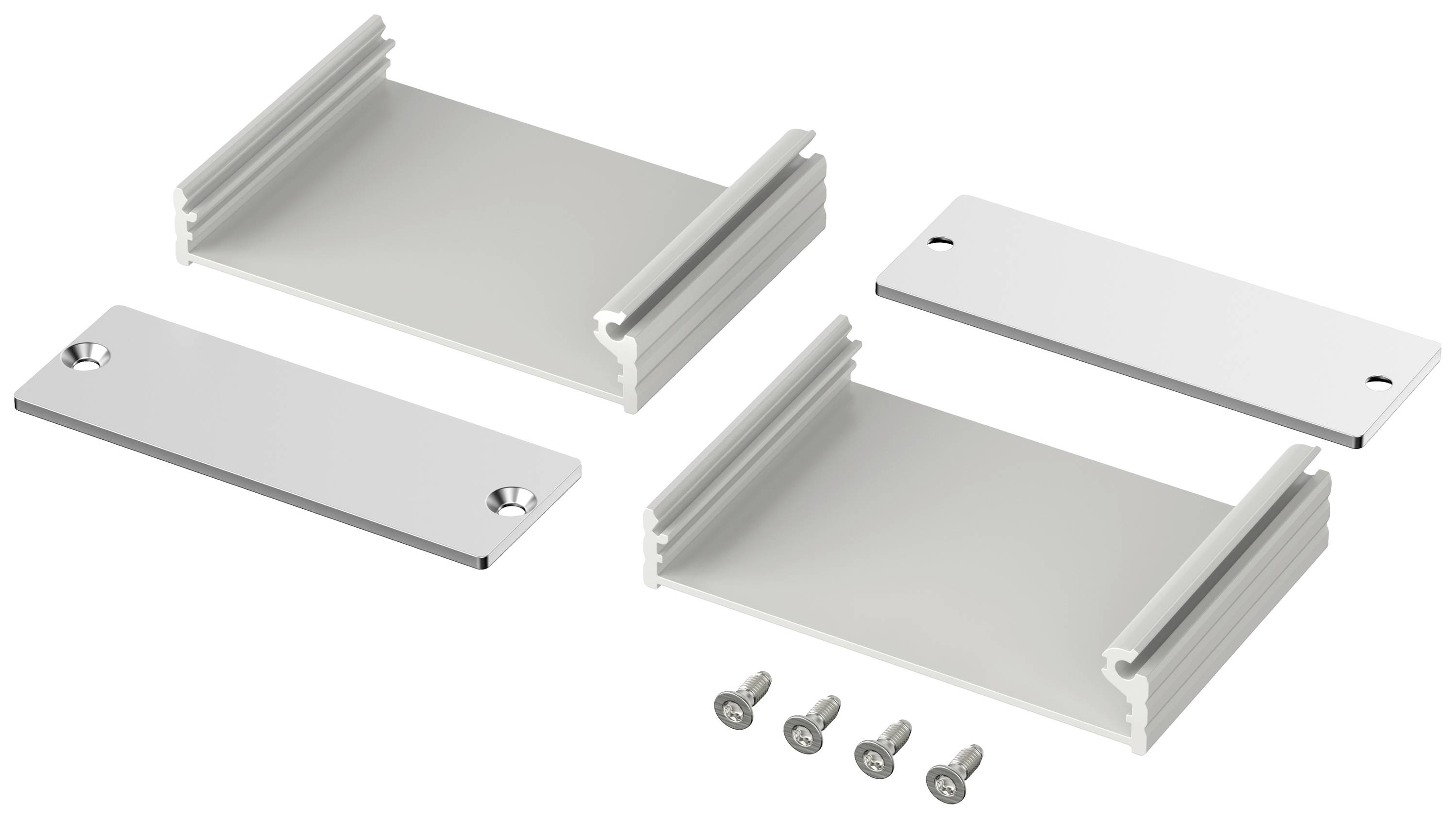 Dwie prostokątne płyty metalowe i cztery śruby do montażu, przedstawione na rysunku rozłożeniowym, który ukazuje rozmieszczenie poszczególnych elementów.