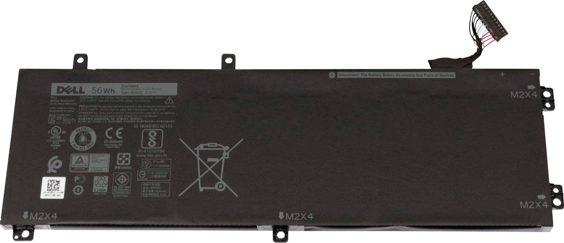 Bateria do laptopa z napisem 'DELL 56Wh'. Prostokątny kształt z podłączonymi przewodami i symbolami na powierzchni.
