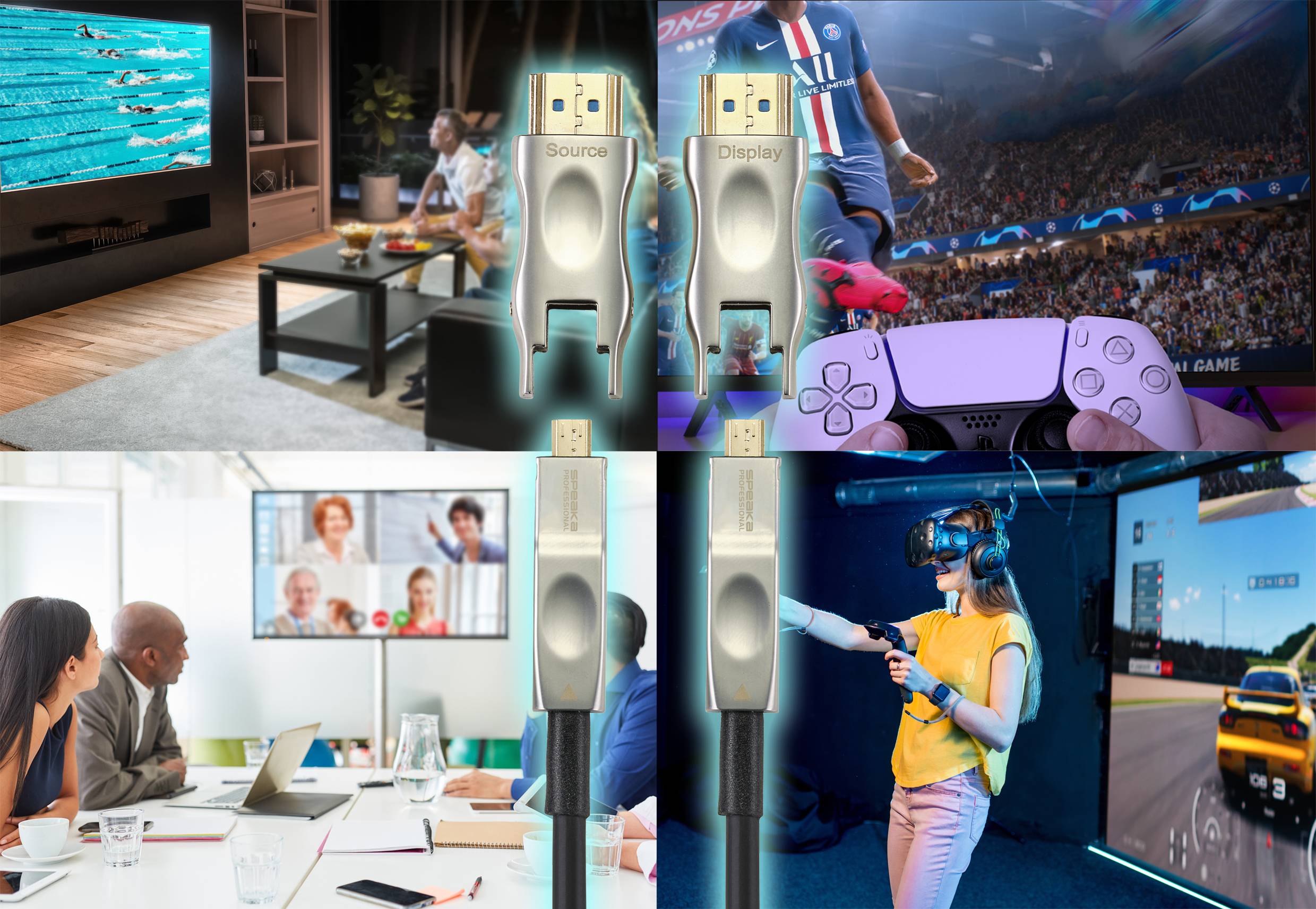 Osoby w salonie oglądają zawody pływackie i mecze piłkarskie na telewizorze; w biurze trwa wideokonferencja; kobieta korzysta z gogli VR. Przewód HDMI jest przedstawiony.