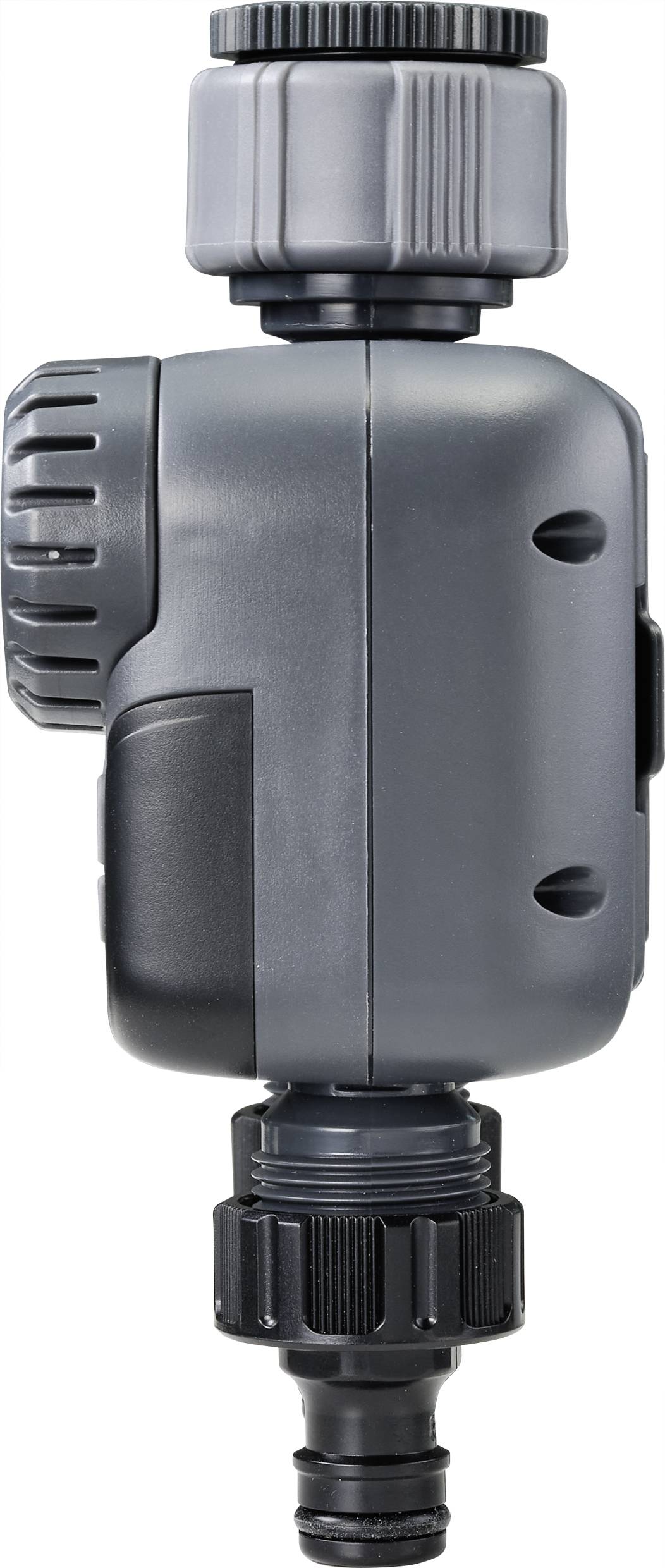 Szary, pionowo stojący czasomierz do nawadniania ogrodu z pokrętłem u góry i przyłączem u dołu, służący do kontroli dopływu wody.