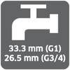 Ilustracja poglądowa kurka wodnego z tekstem '33,3 mm (G1) 26,5 mm (G3/4)', wskazującym różne rozmiary gwintów.