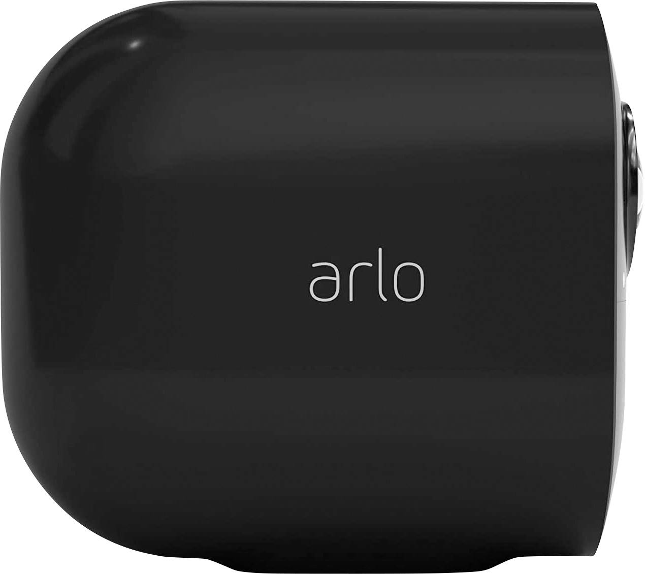 Czarna kamera bezpieczeństwa widziana z boku z napisem 'arlo'.