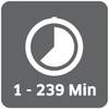 Ikona przedstawia częściowo wypełniony zegar z tekstem '1 - 239 Min', symbolizujący przedział czasowy lub czas oczekiwania.