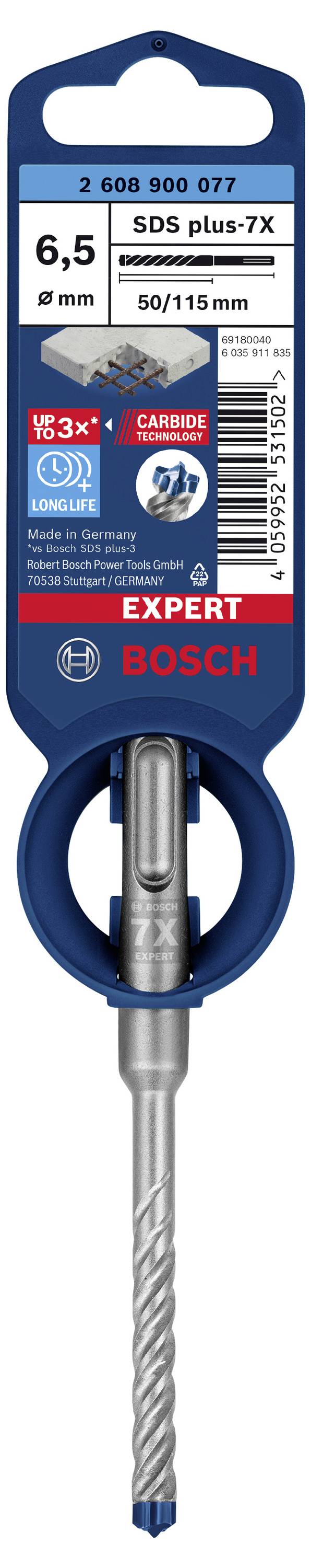 Wiertło SDS plus-7X firmy Bosch, o średnicy 6,5 mm, przeznaczone do betonu, nadaje się do zastosowań profesjonalnych, z oznaczeniami na opakowaniu.