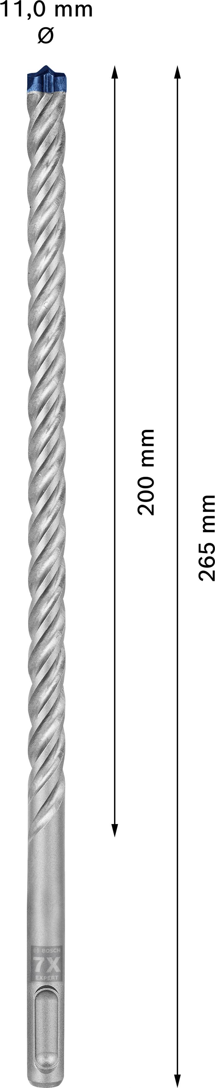 'Wiertło o średnicy 11,0 mm i całkowitej długości 265 mm, przy czym długość robocza wynosi 200 mm.'