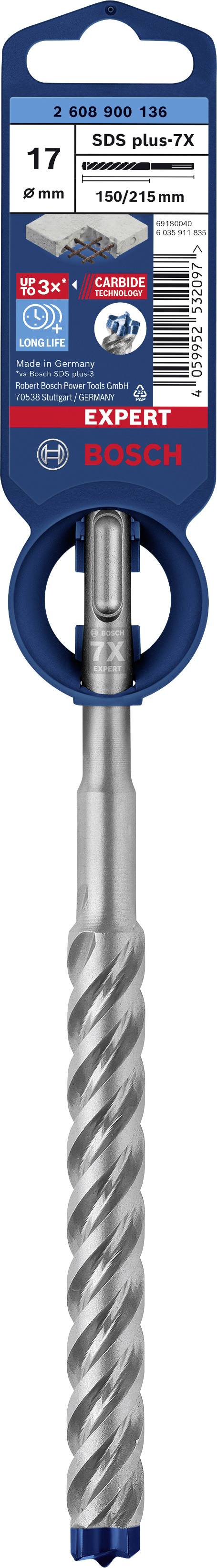 Wiertło Bosch, typ: SDS plus-7X, średnica: 17 mm, długość: 150/210 mm, przeznaczone do betonu. Opakowanie prezentuje logo marki i informacje o produkcie.
