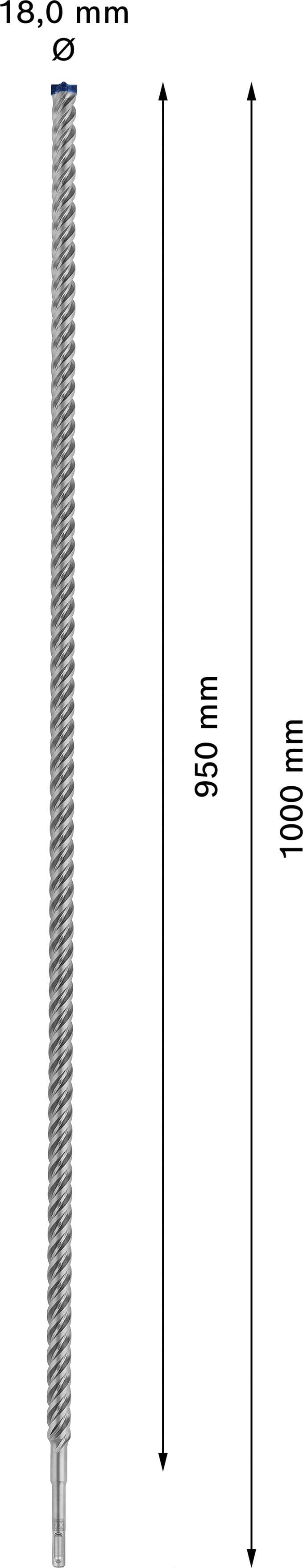 'Ilustracja modelu pręta stalowego o średnicy 18,0 mm i całkowitej długości 1000 mm. Odcinek spiralny wynosi 950 mm.'