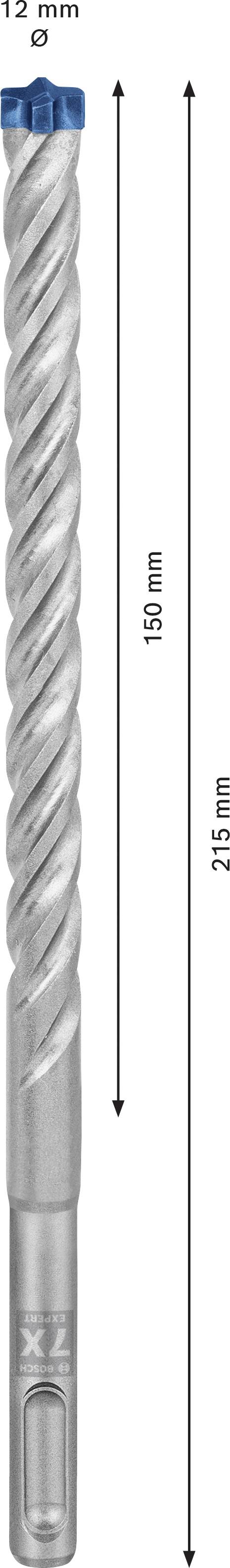 'Wiertło SDS z niebieską główką, o średnicy 12 mm, całkowitej długości 215 mm, długości roboczej 150 mm, z spiralnymi krawędziami tnącymi.'