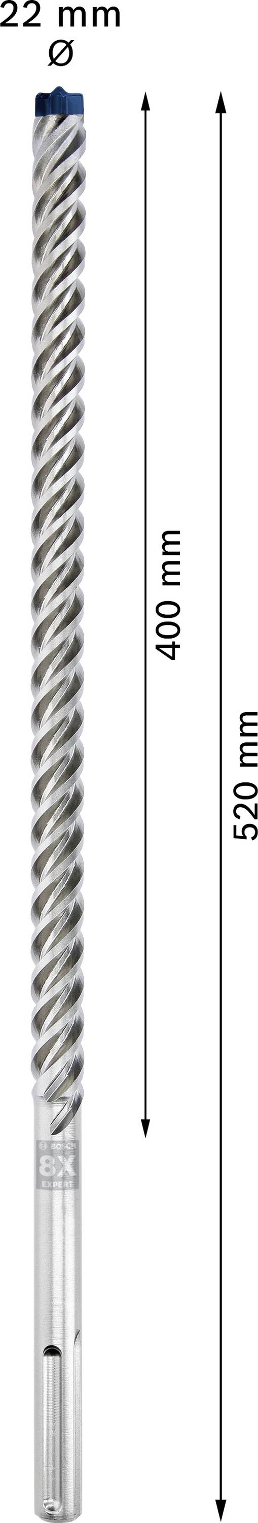 Trzon wiertła, długość 520 mm, średnica 22 mm, widoczna konstrukcja spiralna zapewniająca trwałość i wydajność.