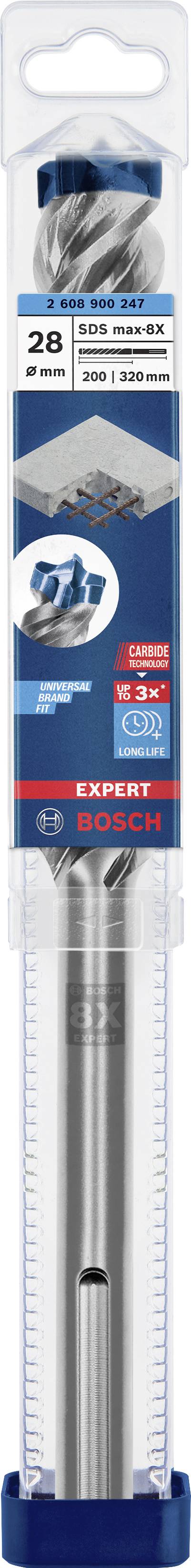 Wiertło Bosch w przezroczystym opakowaniu, rozmiar 28 mm, do betonu; używane z systemem mocowania SDS-max. Stosowane w młotowiertarkach.