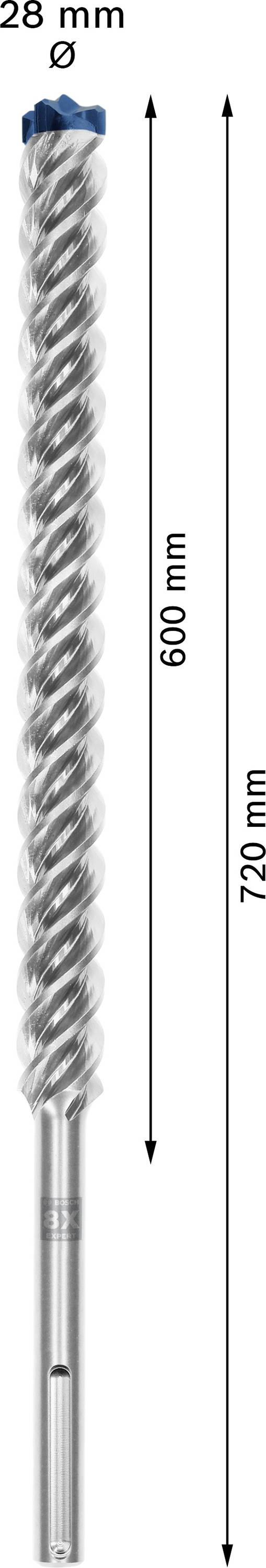 Wiertło o średnicy 28 mm i całkowitej długości 720 mm. Długość użytkowa: 600 mm.
