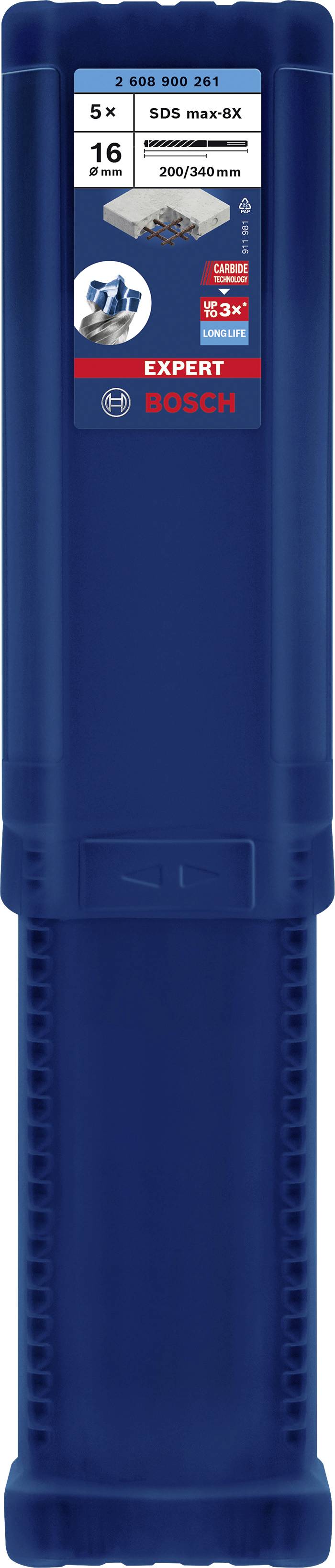 Opakowanie brzeszczotów Bosch 'Expert'. Zawiera 5 sztuk do SDS max-8X, rozmiar 16 x 400 mm. Odpowiednie do wymagających zastosowań.