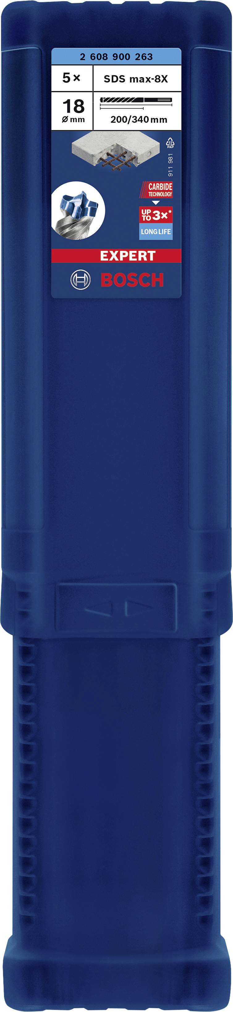 Niebieski młot udarowy Bosch SDS max-8X Expert w walizce narzędziowej na 5 wierteł, średnica: 18 mm, długość: 200/340 mm, odpowiedni do betonu.