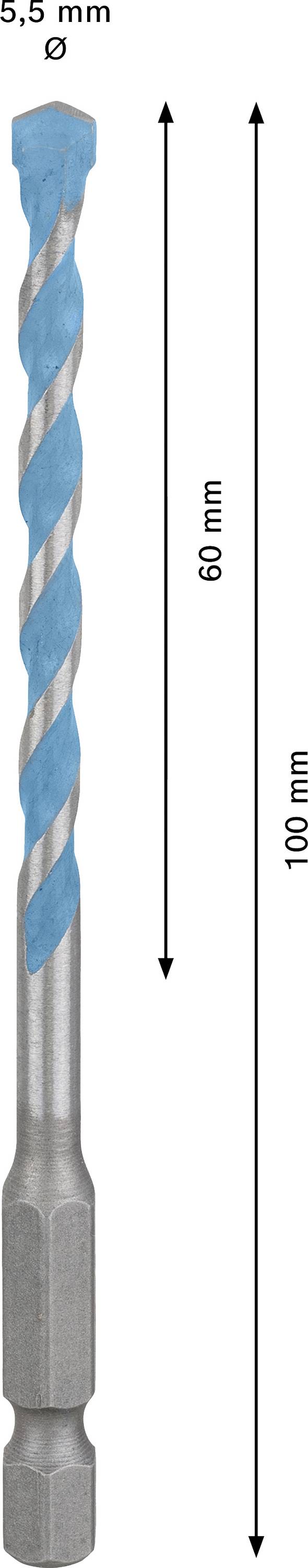 Wiertło o średnicy 5,5 mm i dwóch wymiarach długości: 60 mm i 100 mm, pokazane na rysunku z niebieską spiralą.